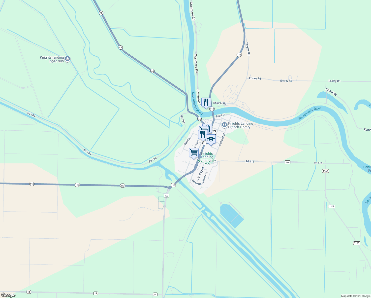 map of restaurants, bars, coffee shops, grocery stores, and more near 9643 Reed Street in Knights Landing