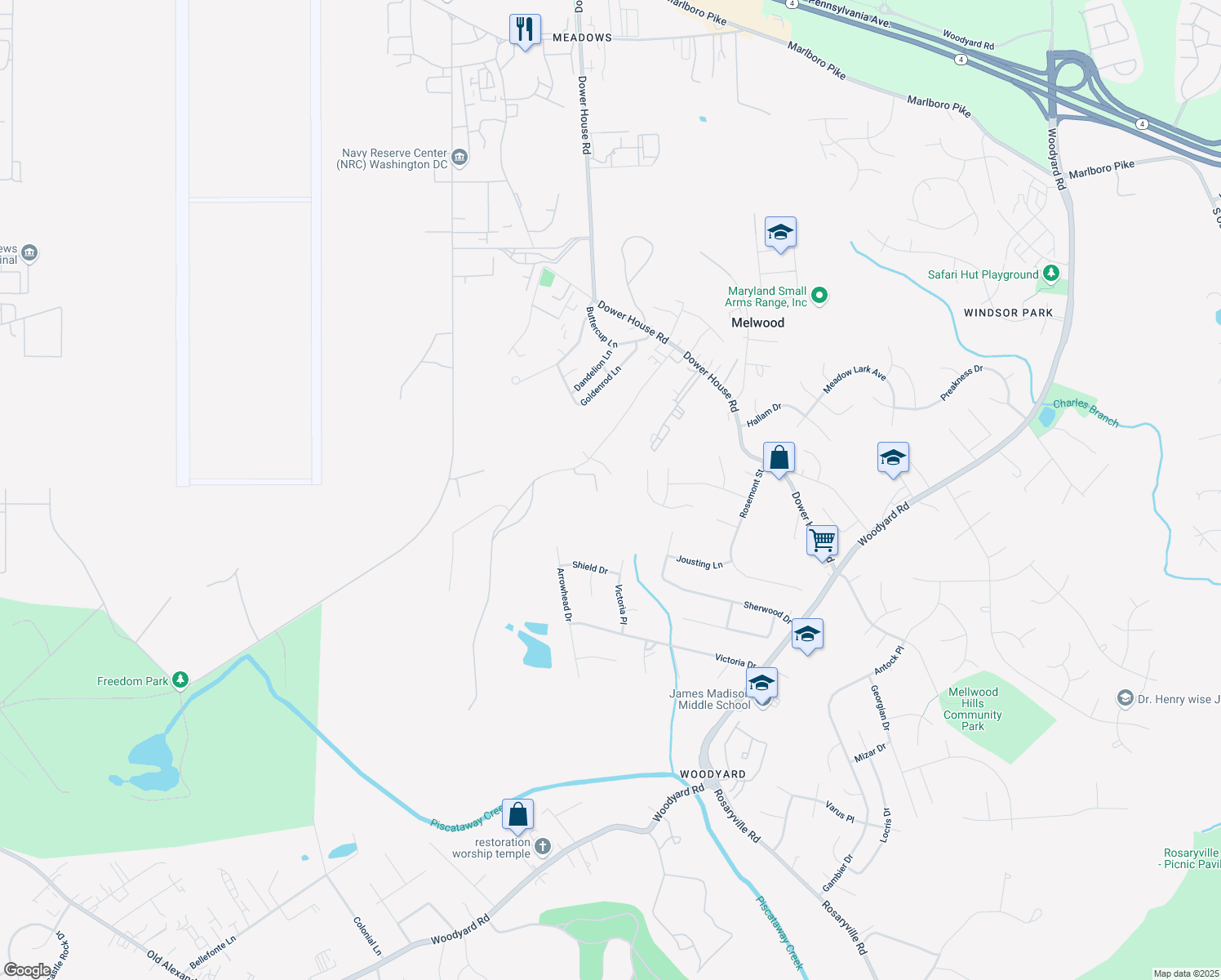 map of restaurants, bars, coffee shops, grocery stores, and more near 9211 Kernan Court in Upper Marlboro