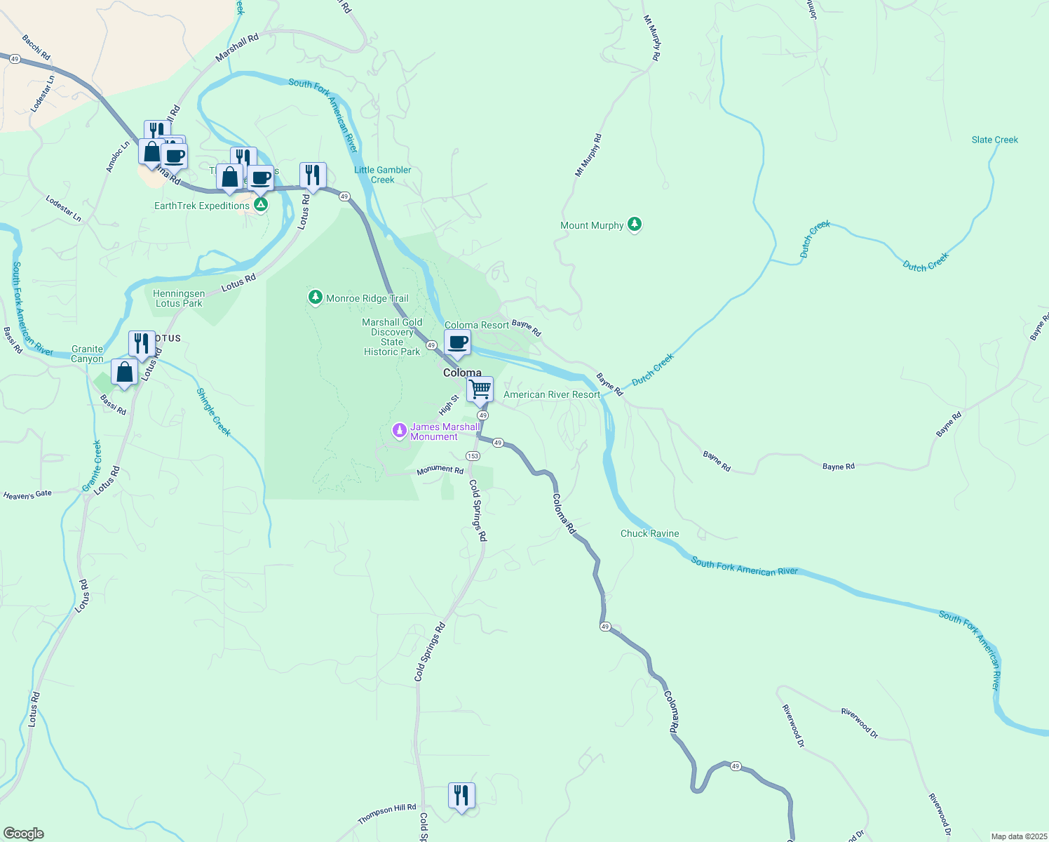 map of restaurants, bars, coffee shops, grocery stores, and more near 412 Coloma Heights Road in Coloma