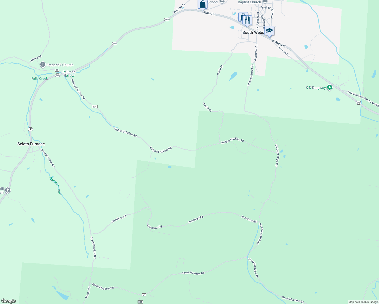 map of restaurants, bars, coffee shops, grocery stores, and more near 1422 Railroad Hollow Road in South Webster