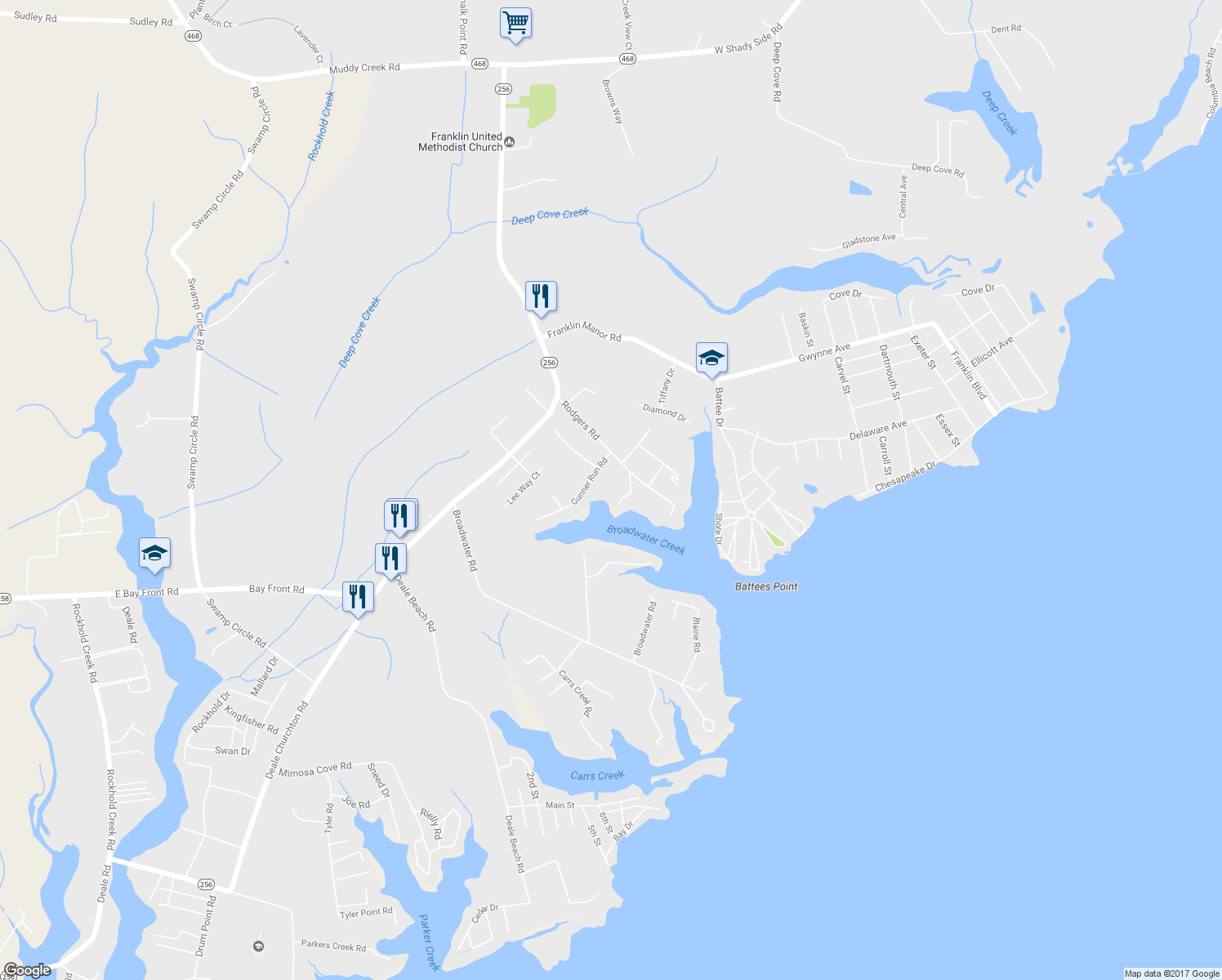 map of restaurants, bars, coffee shops, grocery stores, and more near 1055 Rodgers Road in Deale