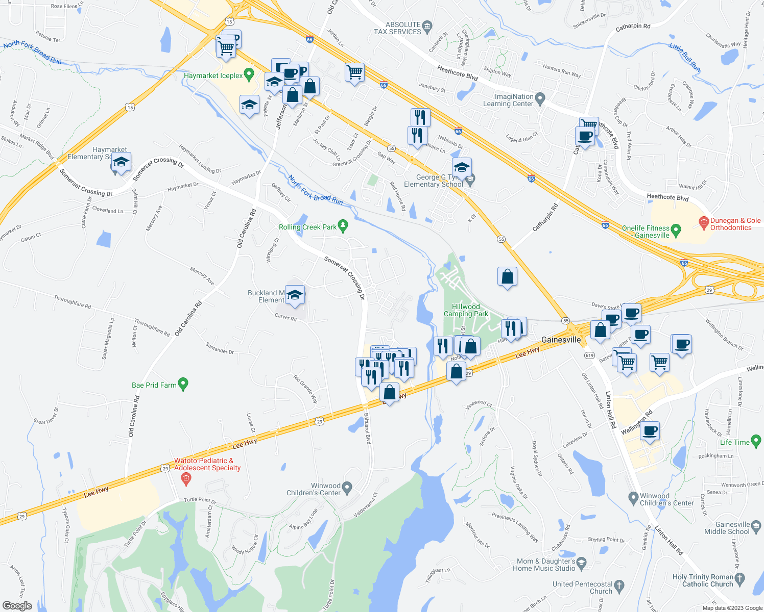 map of restaurants, bars, coffee shops, grocery stores, and more near 7528 Brunson Circle in Gainesville
