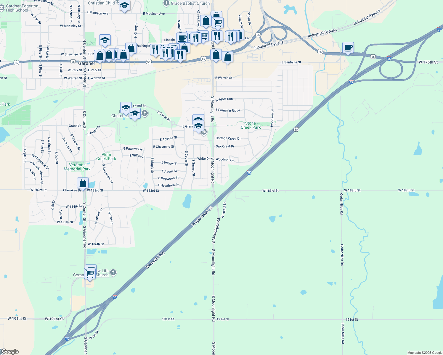 map of restaurants, bars, coffee shops, grocery stores, and more near 886 South Creekside Drive in Gardner
