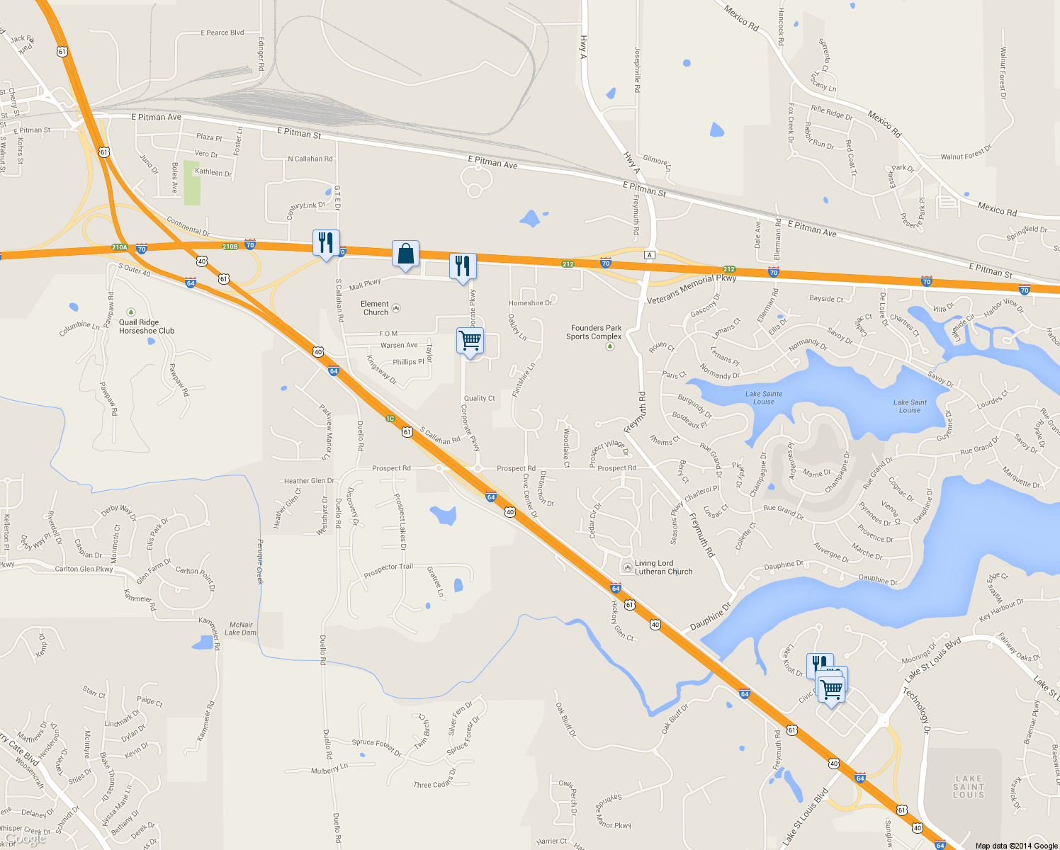 map of restaurants, bars, coffee shops, grocery stores, and more near 1334 Flintshire Lane in Lake Saint Louis