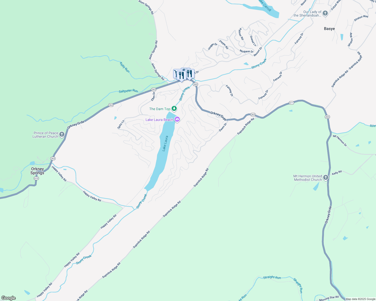 map of restaurants, bars, coffee shops, grocery stores, and more near 438 Richmon Road in Basye
