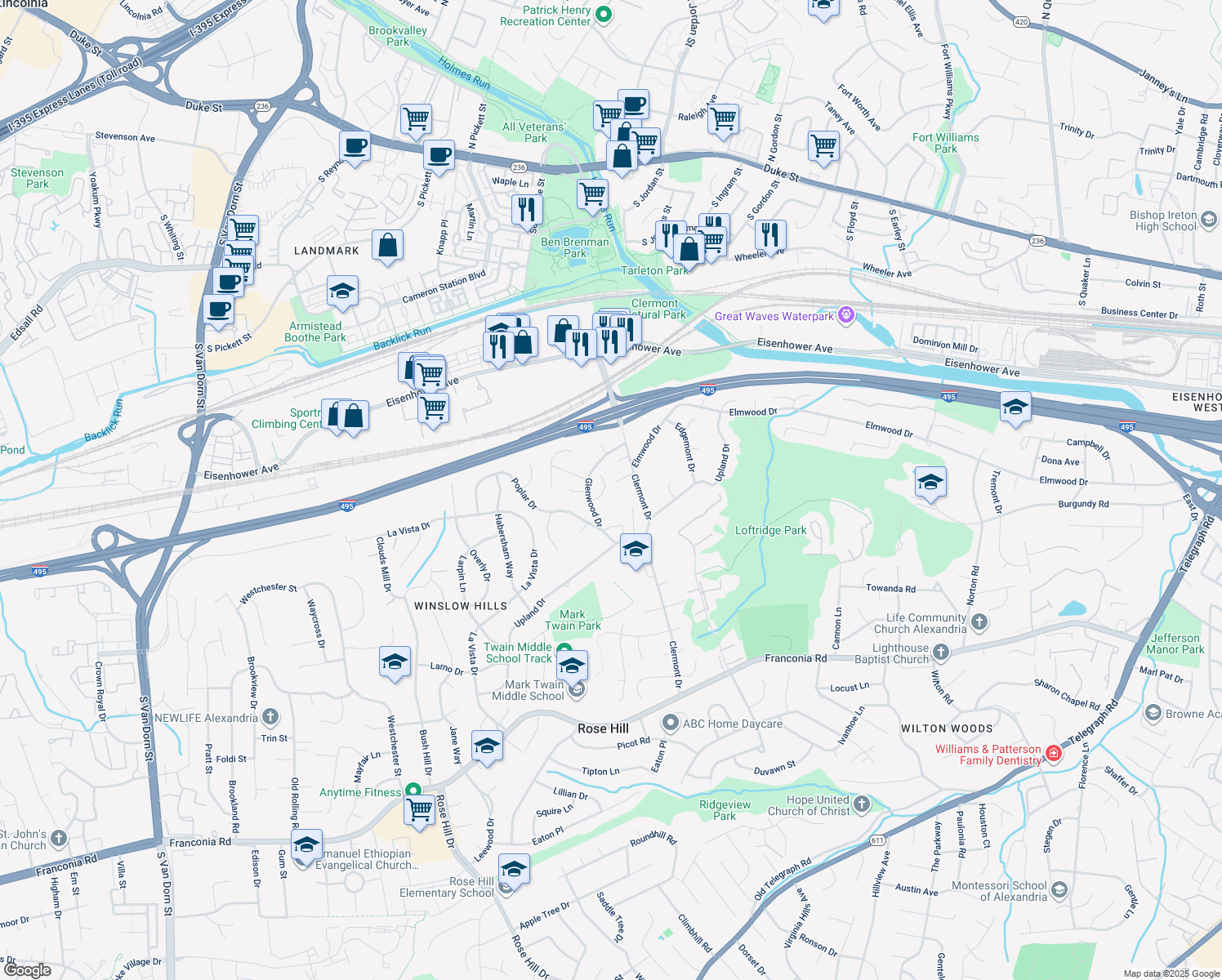 map of restaurants, bars, coffee shops, grocery stores, and more near 4649 Neely Ann Ct in Alexandria