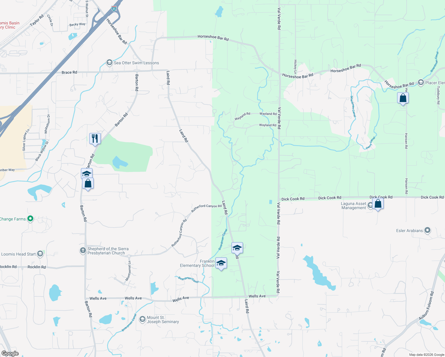 map of restaurants, bars, coffee shops, grocery stores, and more near 7125 Loomis Hills Road in Loomis