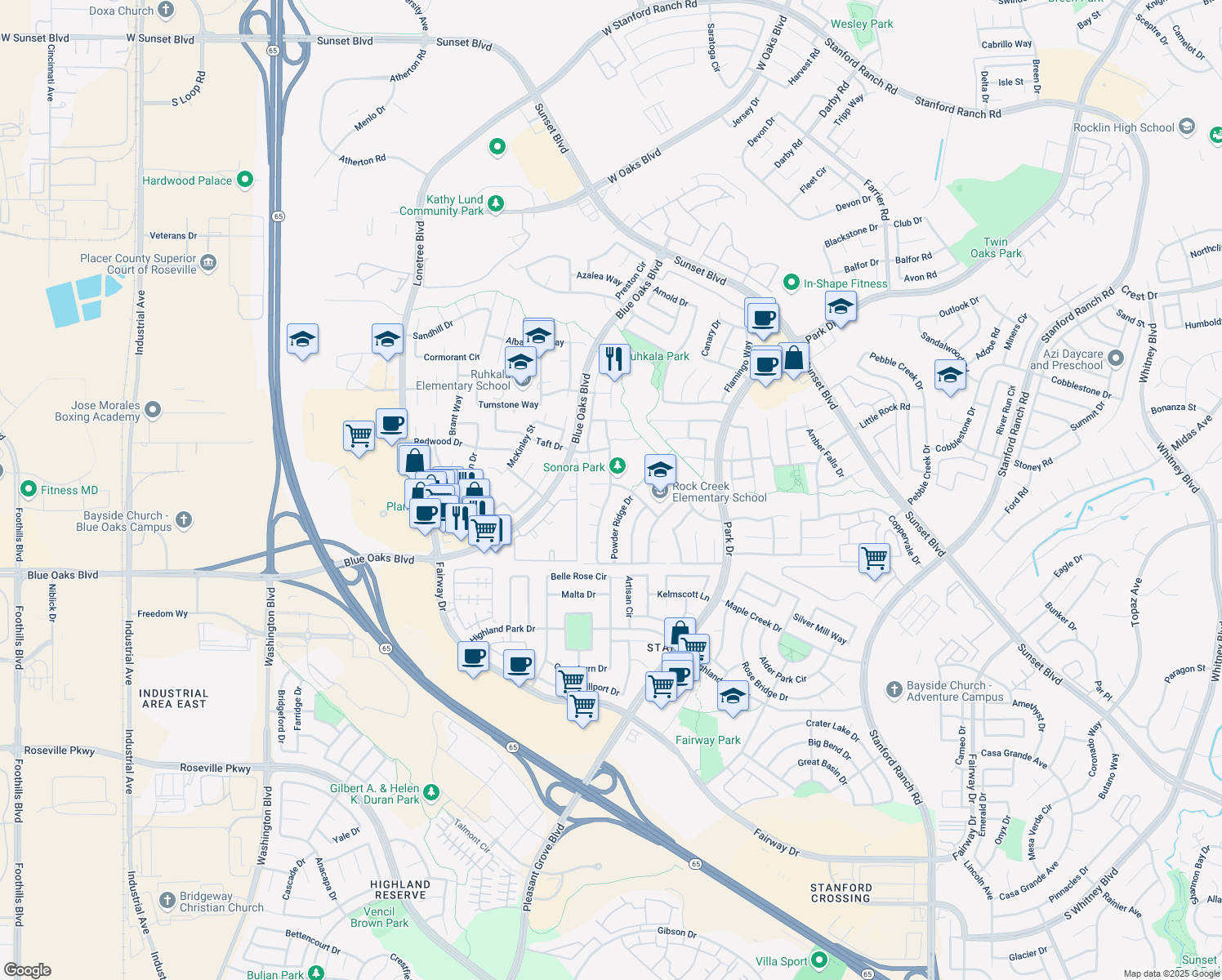 map of restaurants, bars, coffee shops, grocery stores, and more near 11172 Sonora Pass Way in Rocklin