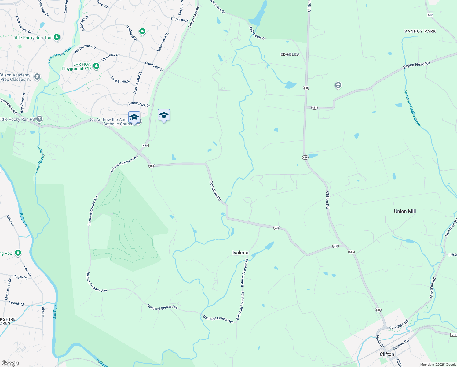 map of restaurants, bars, coffee shops, grocery stores, and more near 13424 Compton Road in Clifton