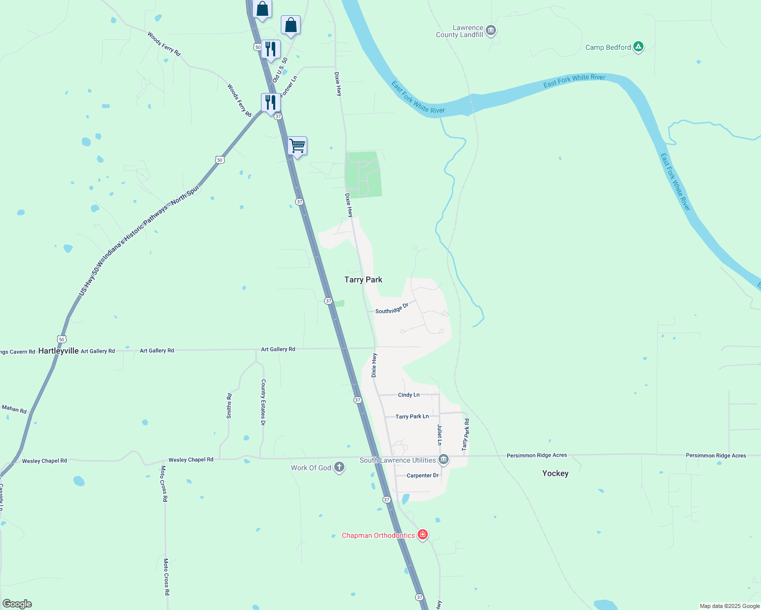 map of restaurants, bars, coffee shops, grocery stores, and more near 577 Southridge Dr in Bedford