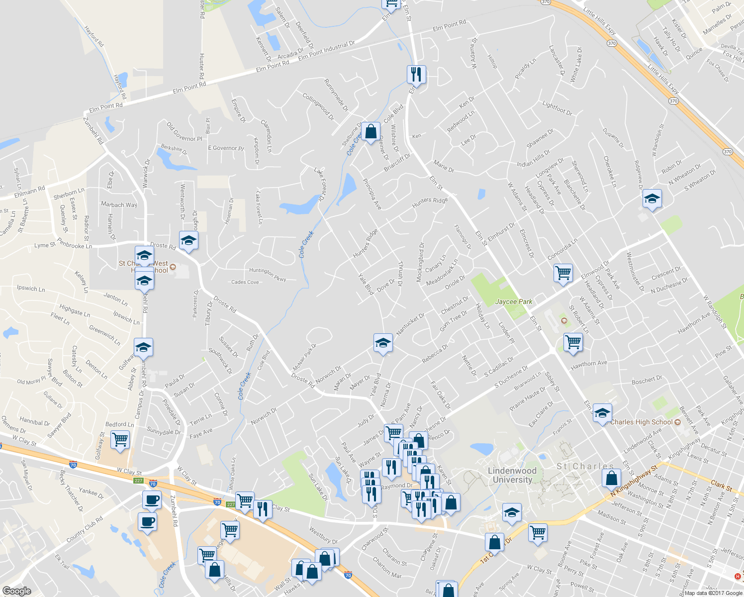 map of restaurants, bars, coffee shops, grocery stores, and more near 2929 Yale Boulevard in Saint Charles