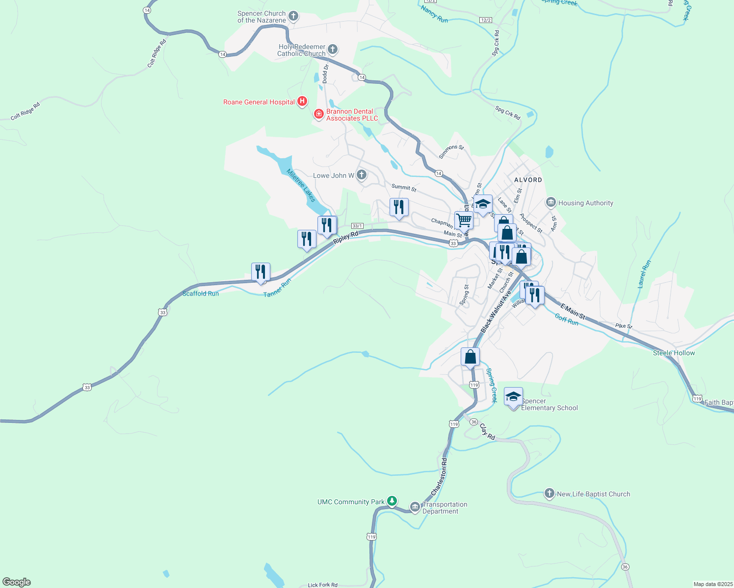 map of restaurants, bars, coffee shops, grocery stores, and more near 399 Chestnut St in Spencer