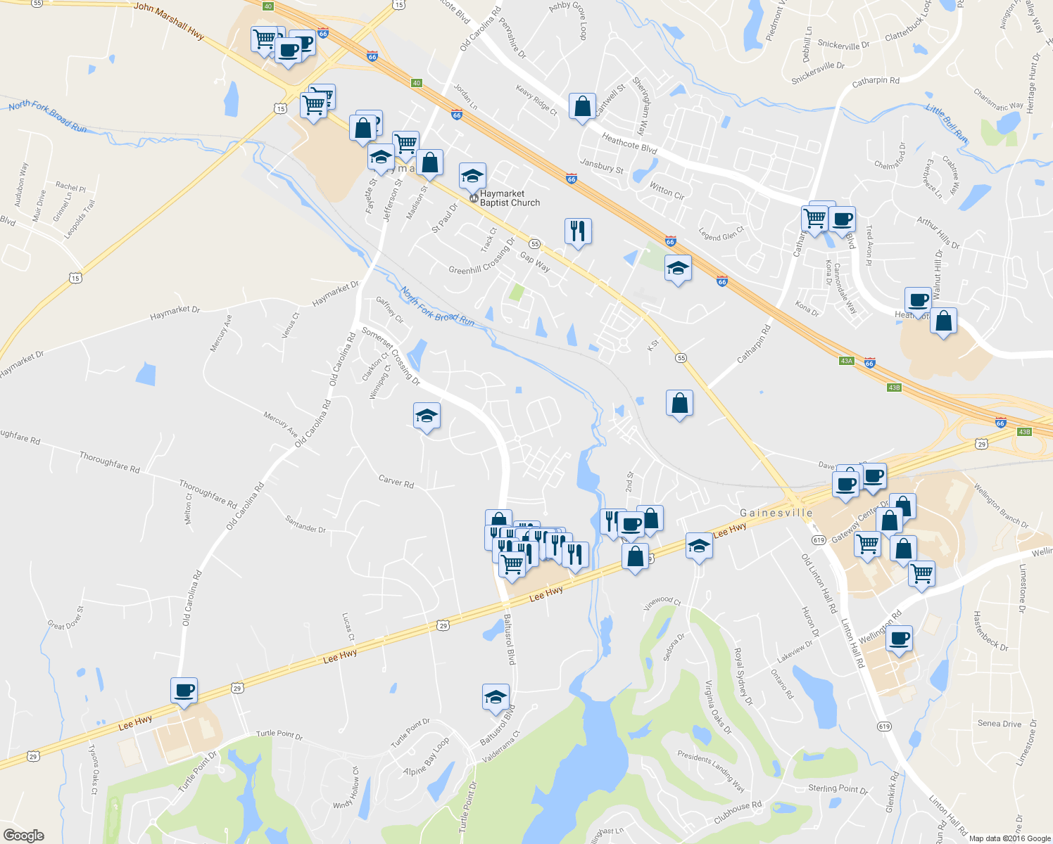 map of restaurants, bars, coffee shops, grocery stores, and more near 14876 Links Pond Circle in Gainesville