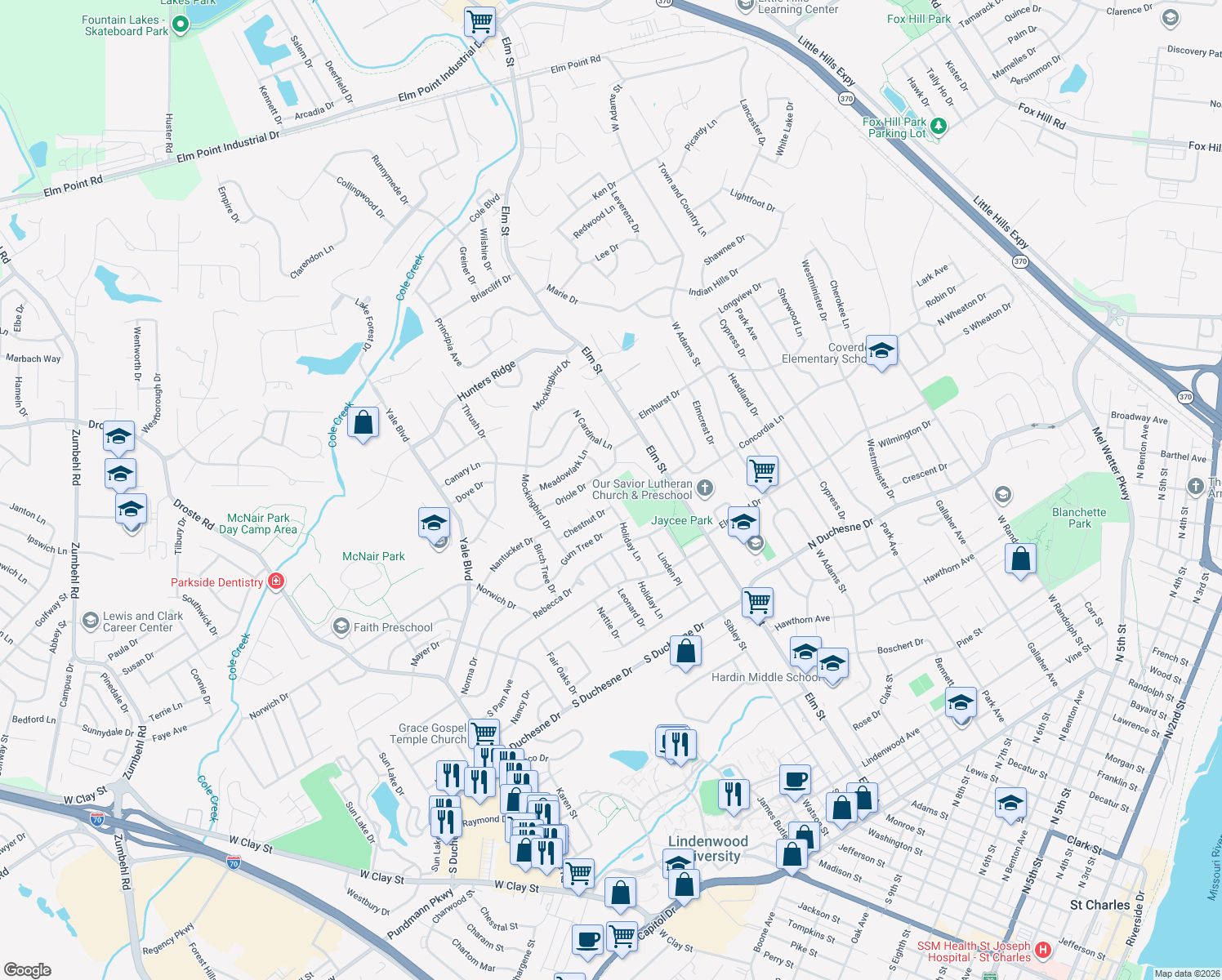 map of restaurants, bars, coffee shops, grocery stores, and more near 3 Prestbury Court in Saint Charles