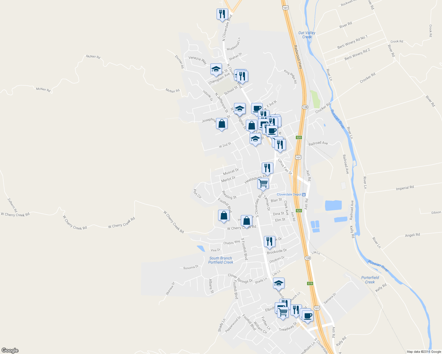 map of restaurants, bars, coffee shops, grocery stores, and more near 461 Muscat Drive in Cloverdale