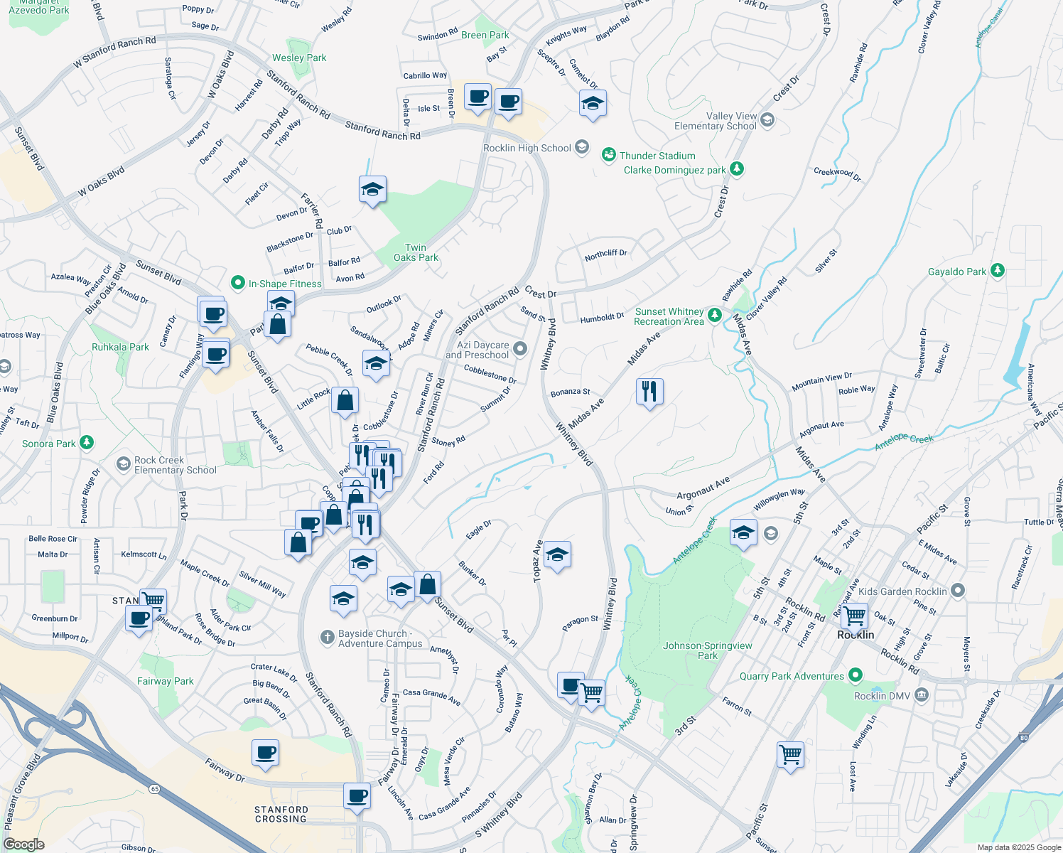 map of restaurants, bars, coffee shops, grocery stores, and more near 4609 Ronnie Court in Rocklin