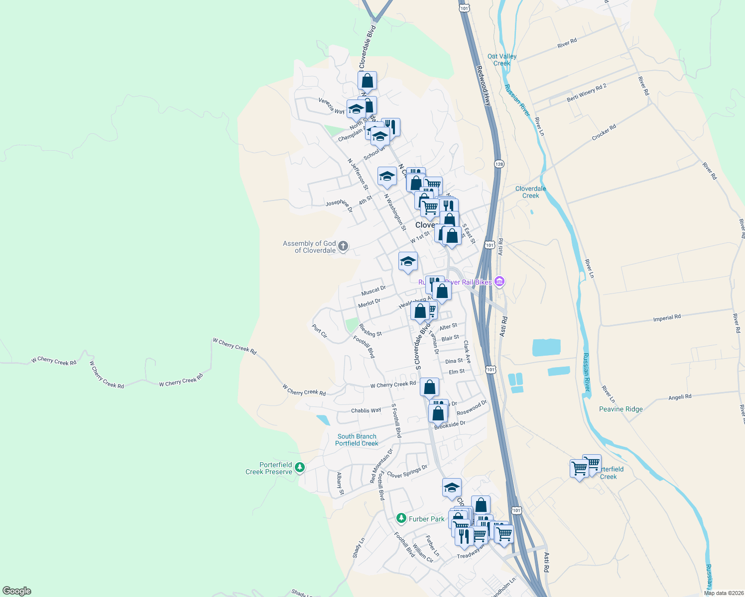 map of restaurants, bars, coffee shops, grocery stores, and more near 438 Merlot Drive in Cloverdale