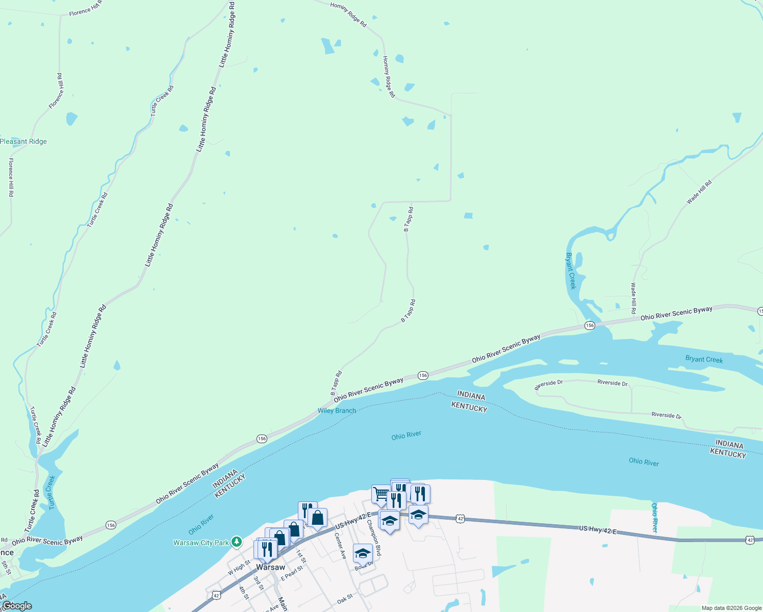 map of restaurants, bars, coffee shops, grocery stores, and more near 8034 Hominy Ridge Road in Florence