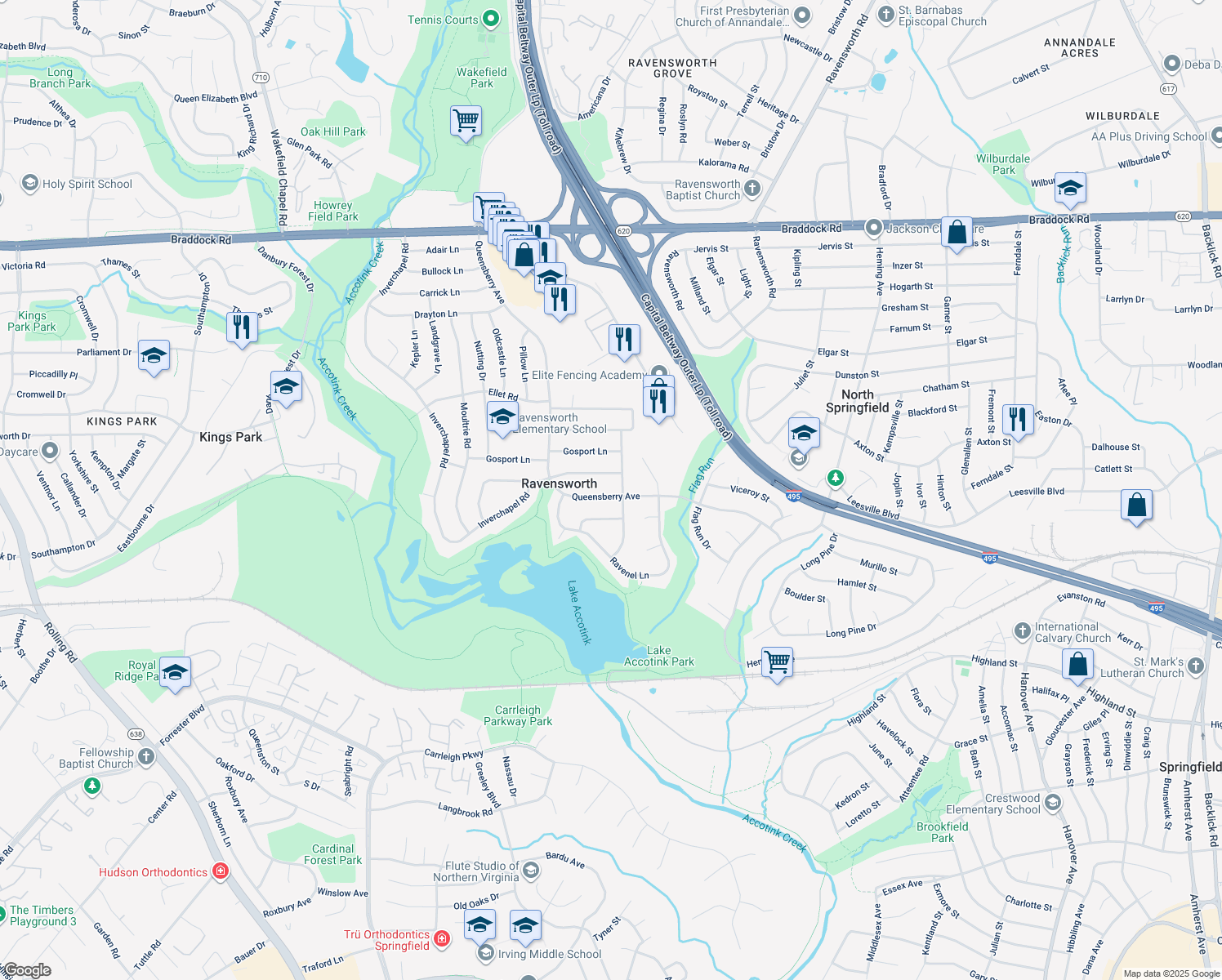 map of restaurants, bars, coffee shops, grocery stores, and more near 5527 Queensberry Avenue in Springfield