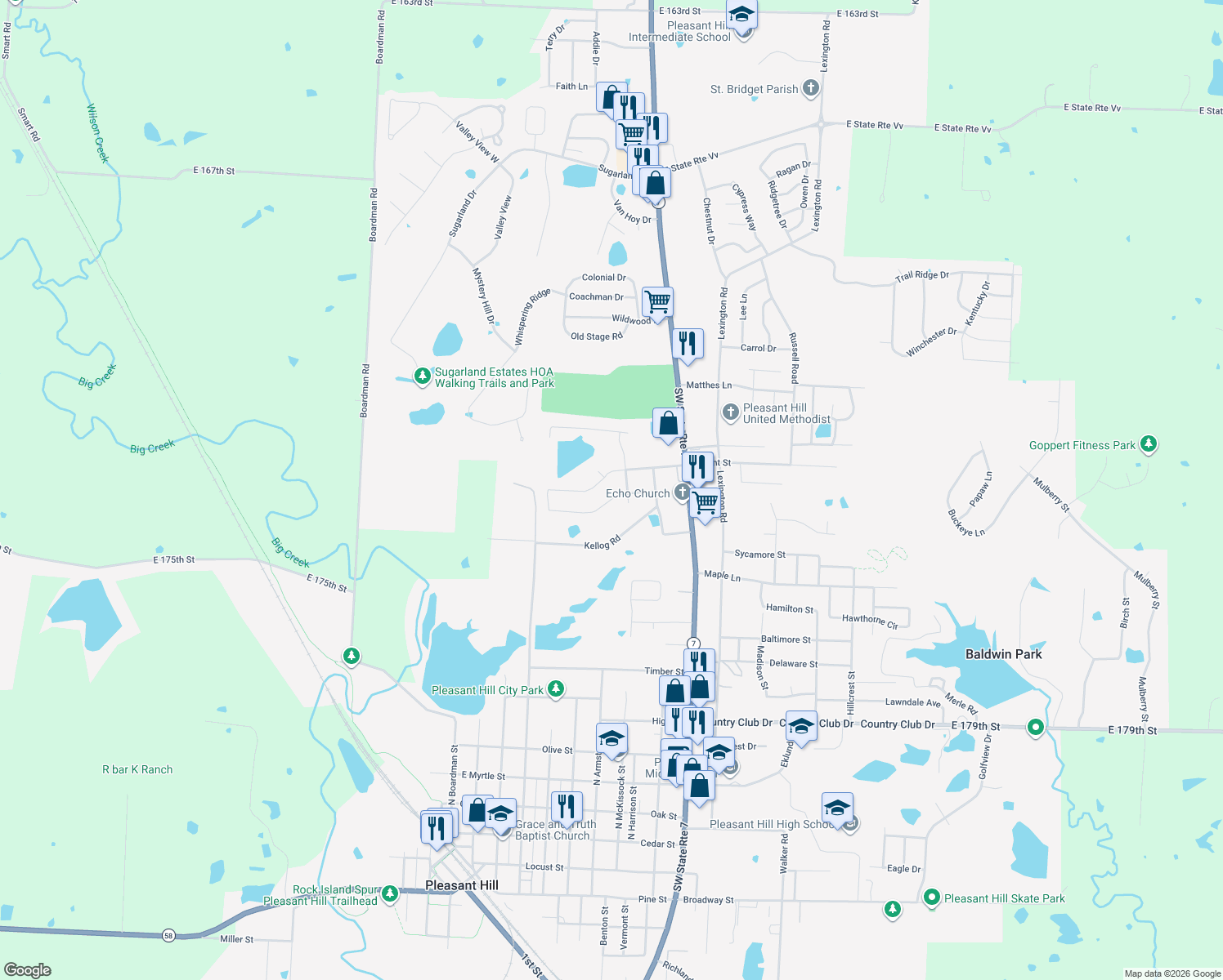map of restaurants, bars, coffee shops, grocery stores, and more near 805 Tall Grass Drive in Pleasant Hill
