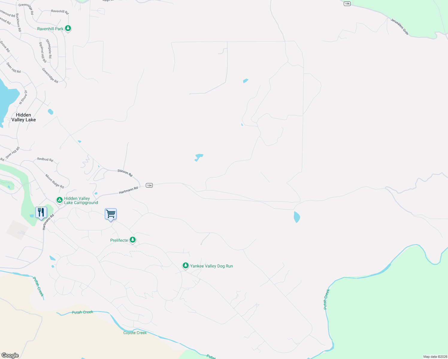 map of restaurants, bars, coffee shops, grocery stores, and more near 18050 Ranch Road in Hidden Valley Lake