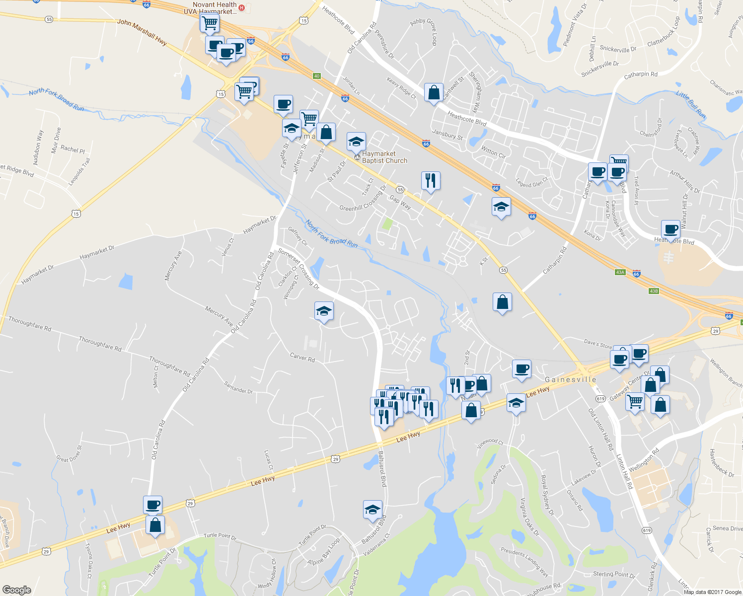 map of restaurants, bars, coffee shops, grocery stores, and more near 7207 Traphill Way in Gainesville