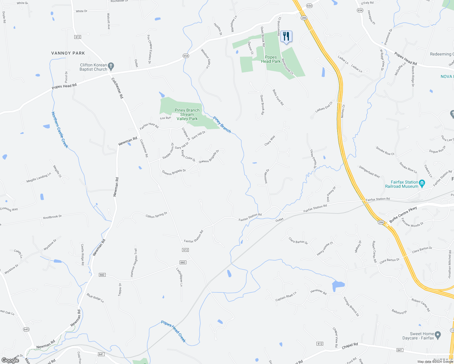 map of restaurants, bars, coffee shops, grocery stores, and more near 6110 Moonpatterns Trail in Fairfax Station