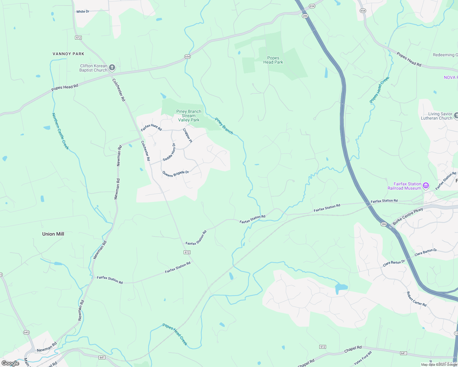 map of restaurants, bars, coffee shops, grocery stores, and more near 6110 Moonpatterns Trail in Fairfax Station