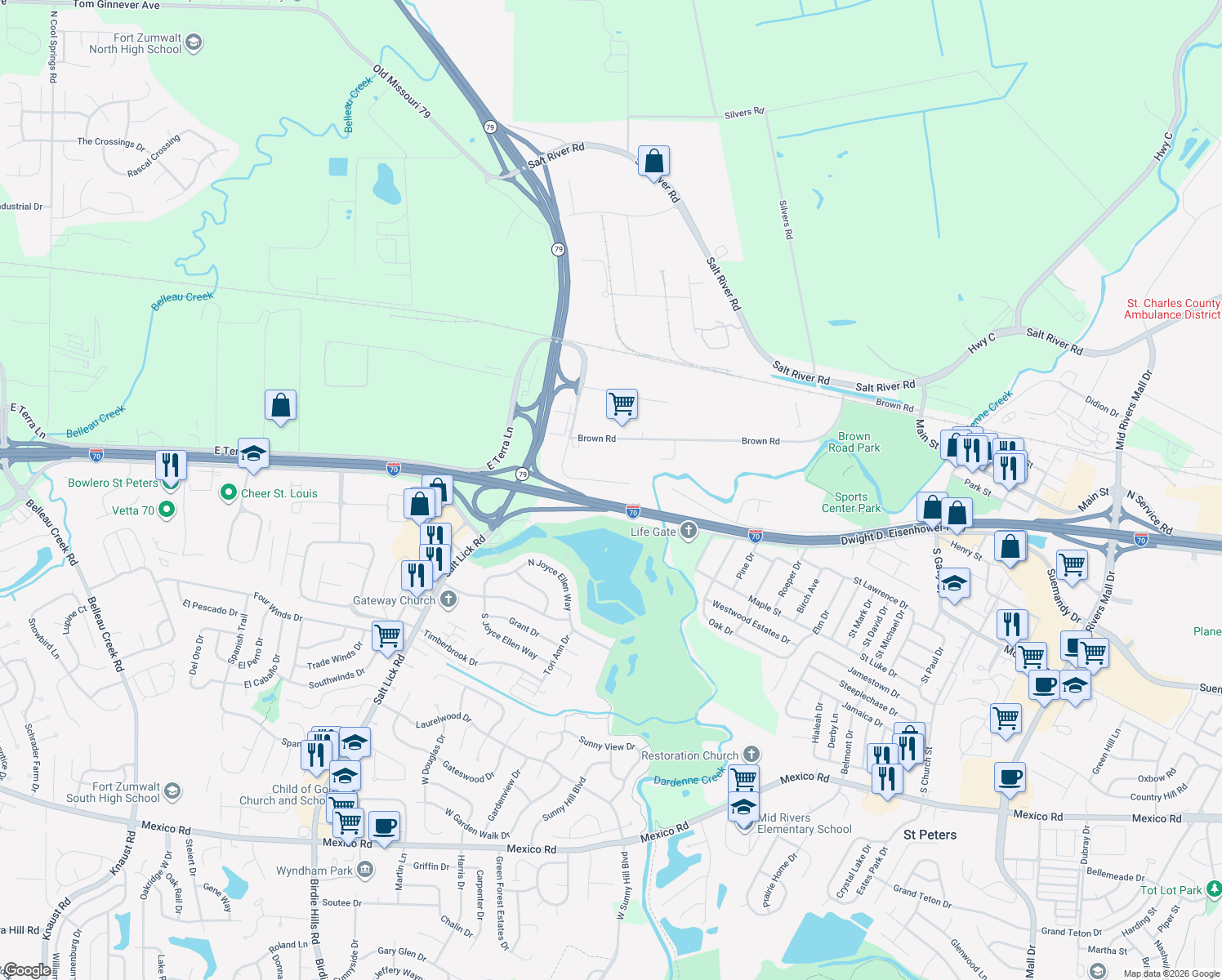 map of restaurants, bars, coffee shops, grocery stores, and more near 412 N Service Rd in St Peters