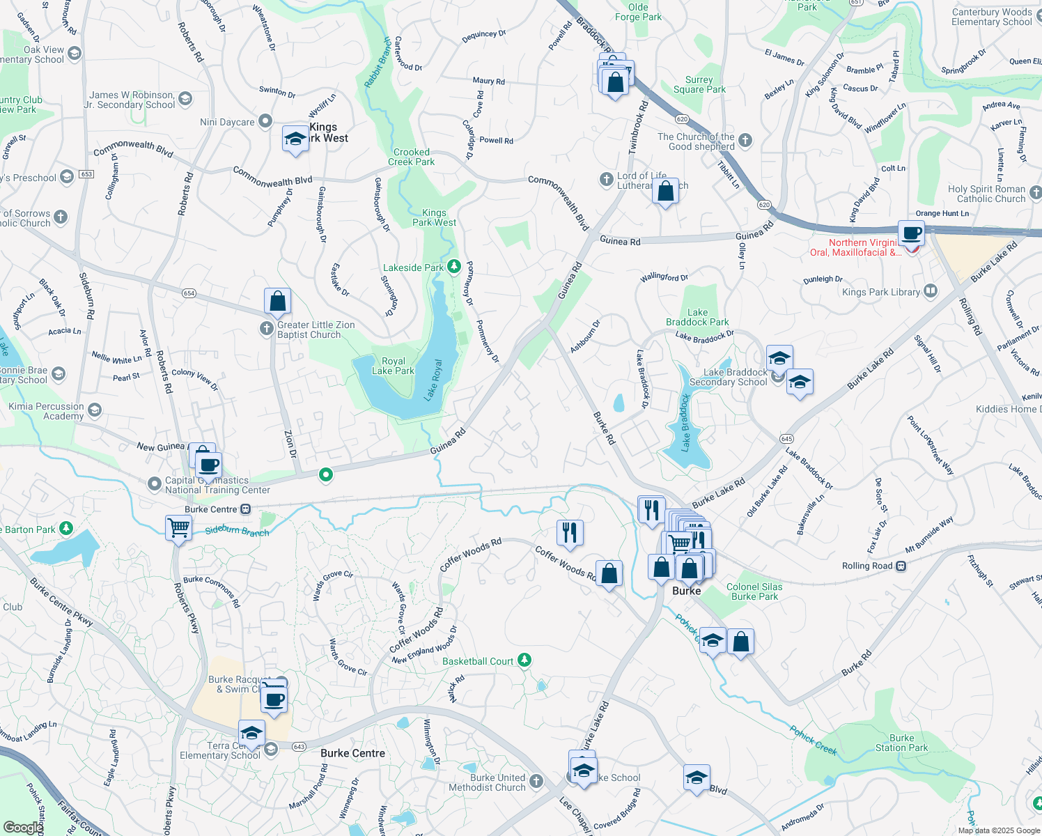 map of restaurants, bars, coffee shops, grocery stores, and more near 9869 High Water Court in Burke
