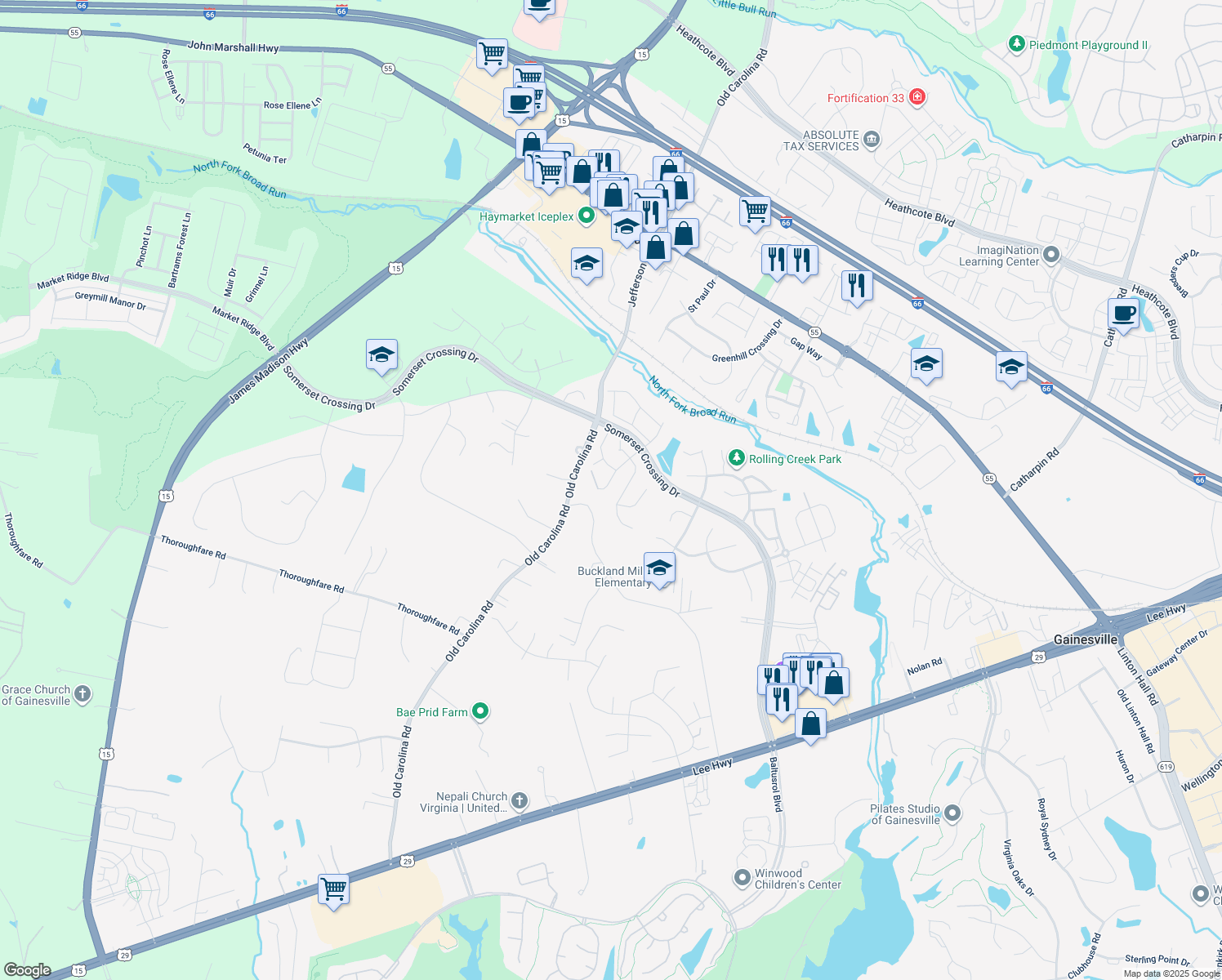 map of restaurants, bars, coffee shops, grocery stores, and more near 7125 Clarkton Court in Gainesville