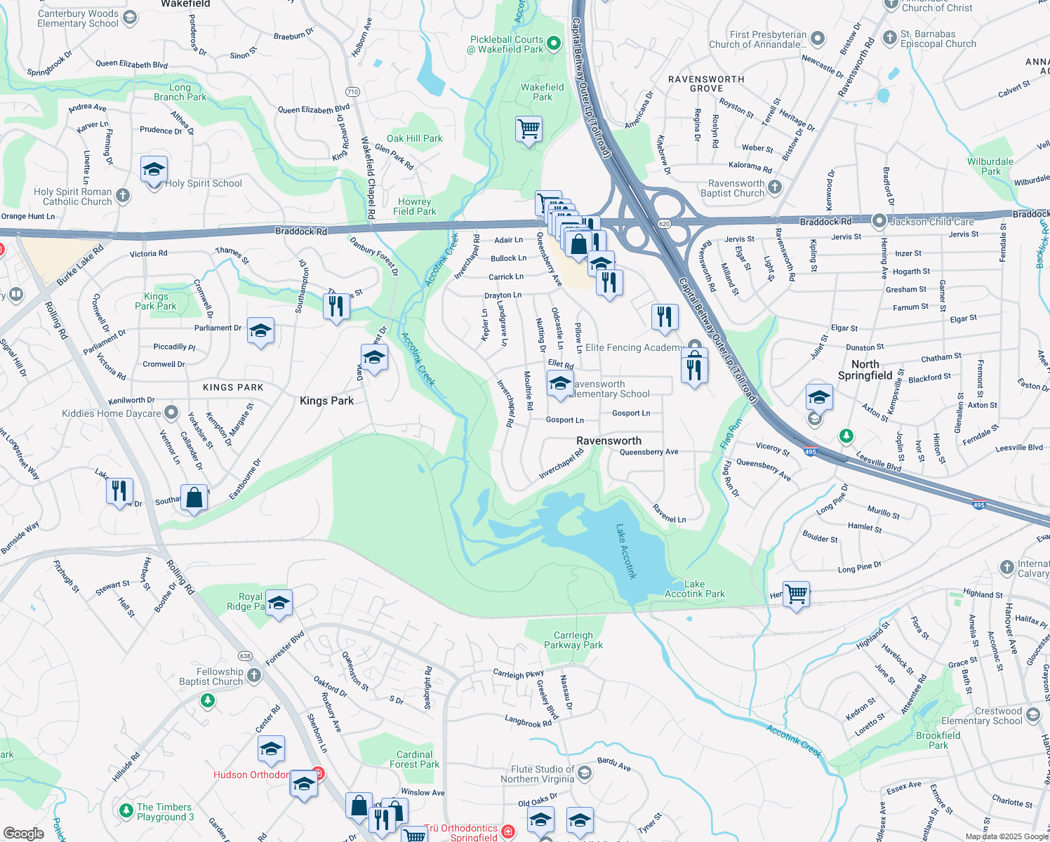 map of restaurants, bars, coffee shops, grocery stores, and more near 5421 Moultrie Road in Springfield