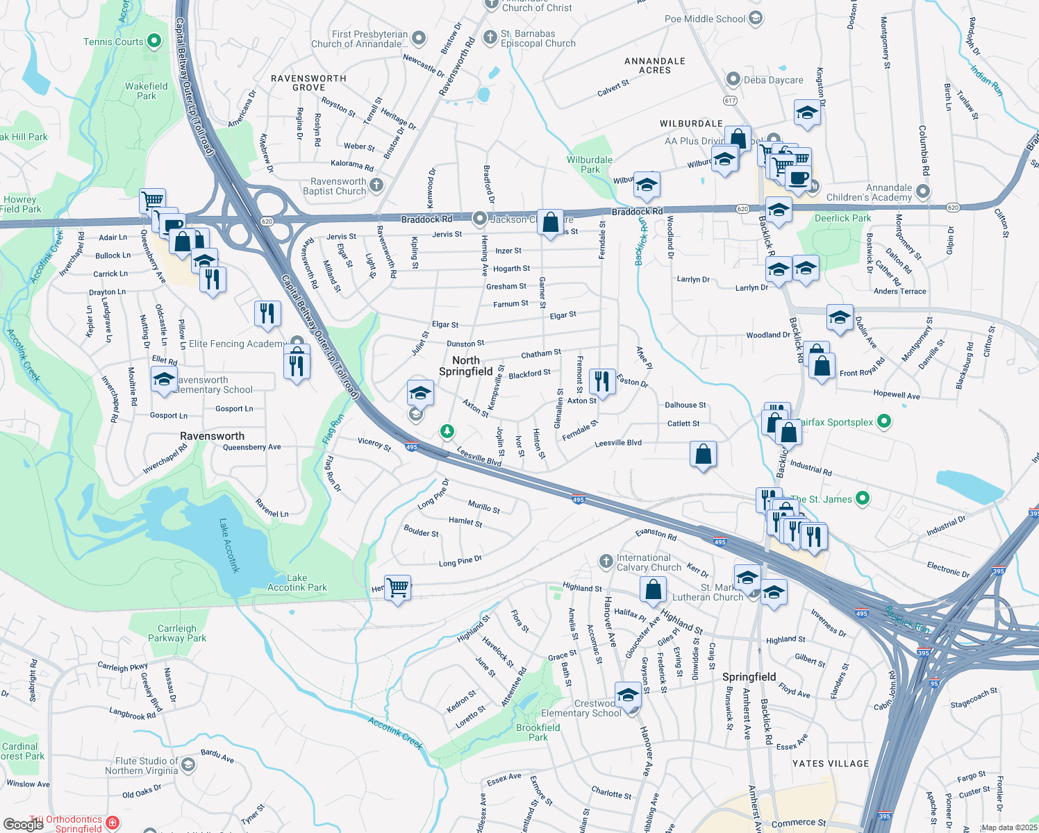 map of restaurants, bars, coffee shops, grocery stores, and more near 7414 Axton Street in Springfield