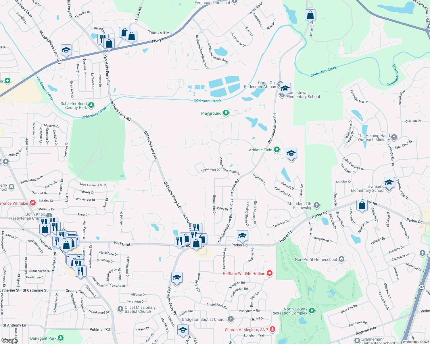 map of restaurants, bars, coffee shops, grocery stores, and more near 12930 High Crest Drive in Florissant