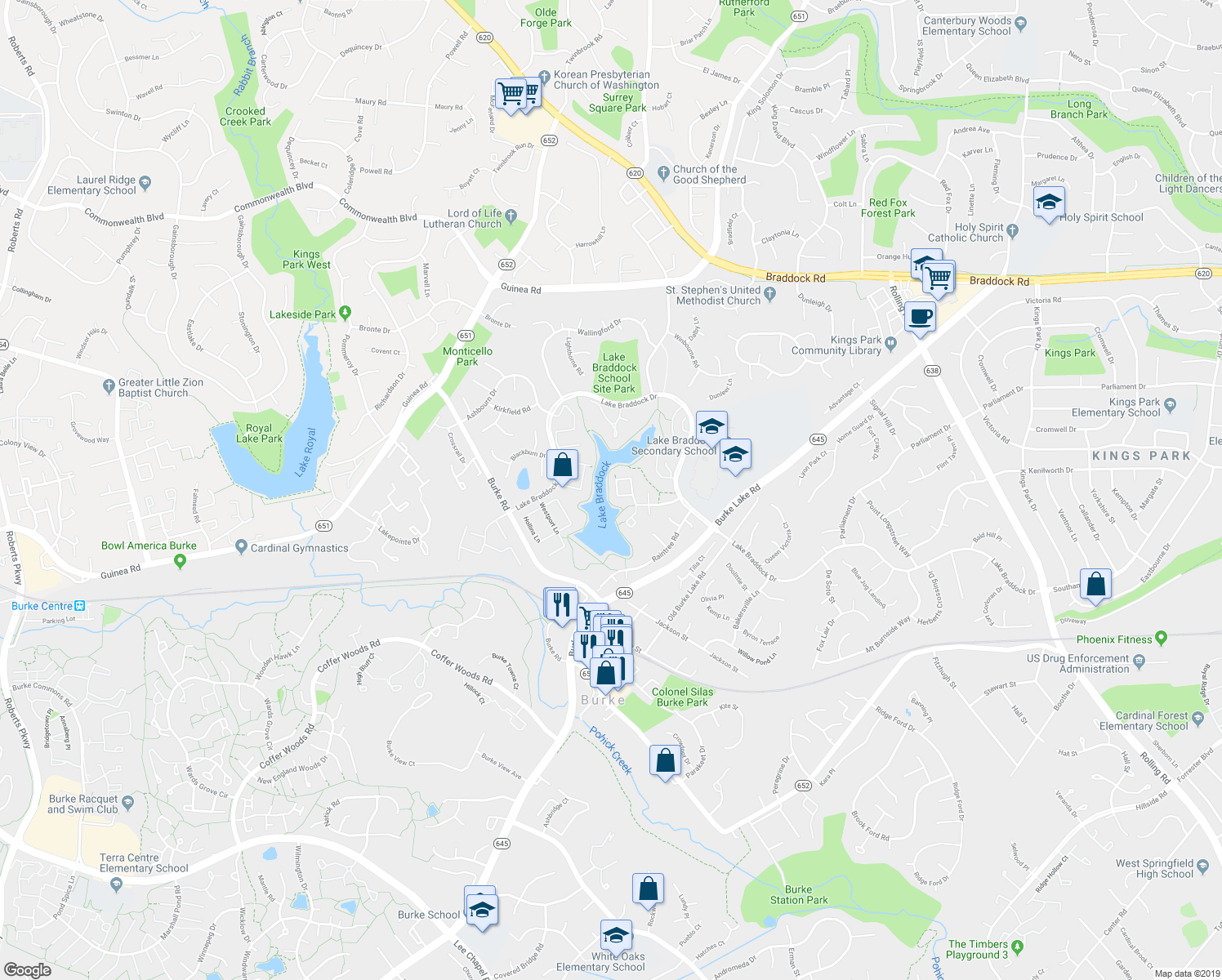 map of restaurants, bars, coffee shops, grocery stores, and more near 5430 Midship Court in Burke