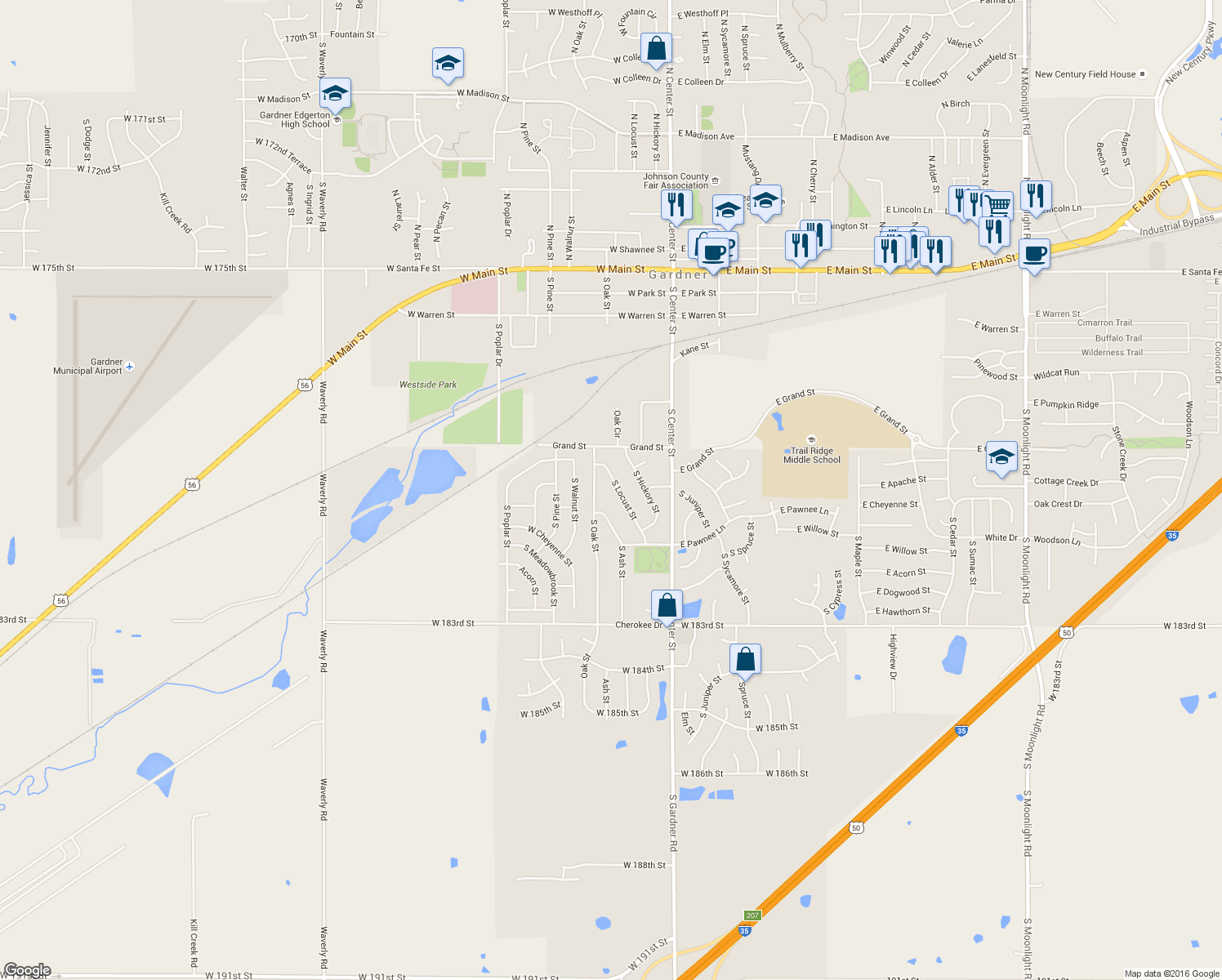 map of restaurants, bars, coffee shops, grocery stores, and more near 602 S Locust St in Gardner