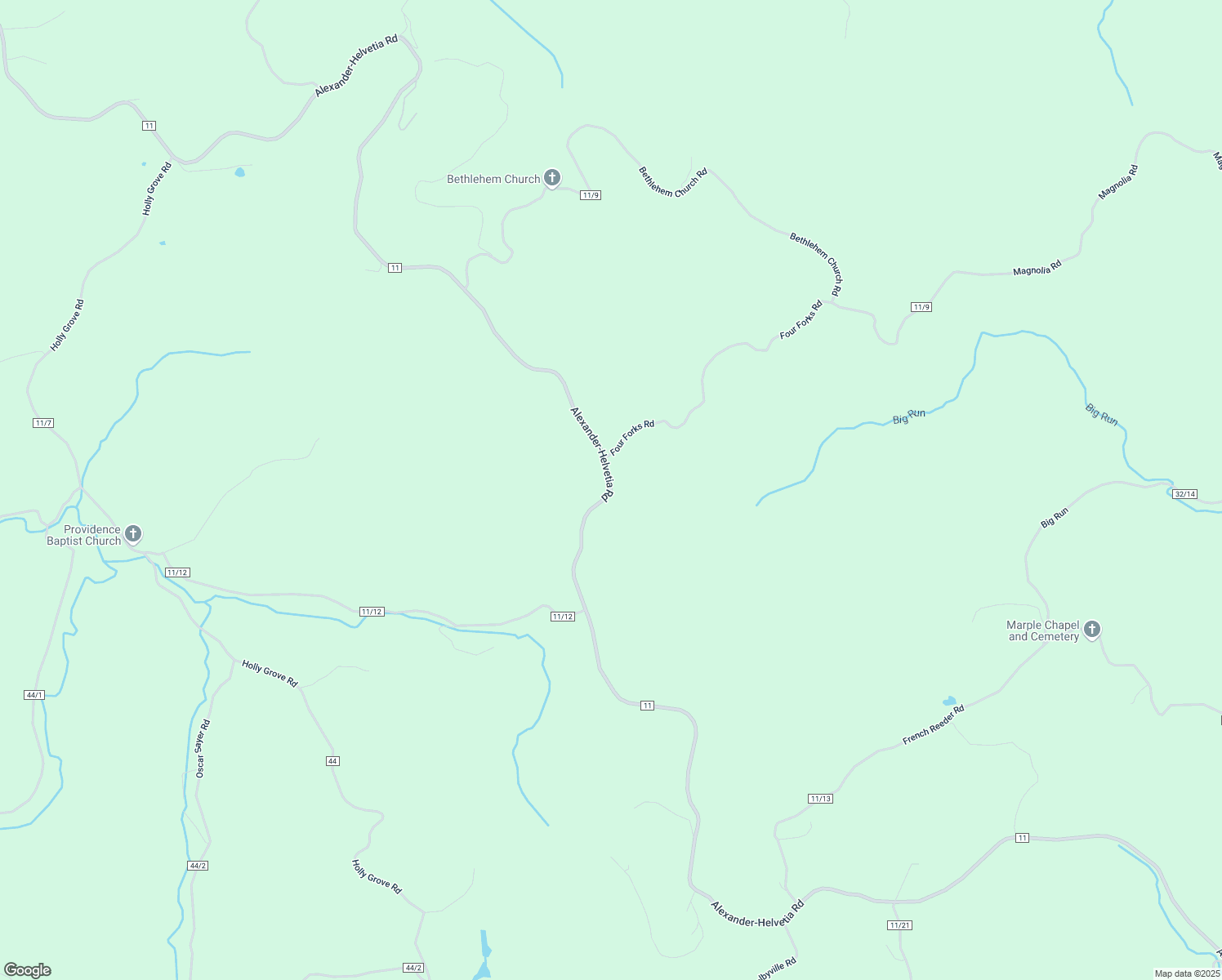 map of restaurants, bars, coffee shops, grocery stores, and more near Alexander-Helvetia Road in Upshur County
