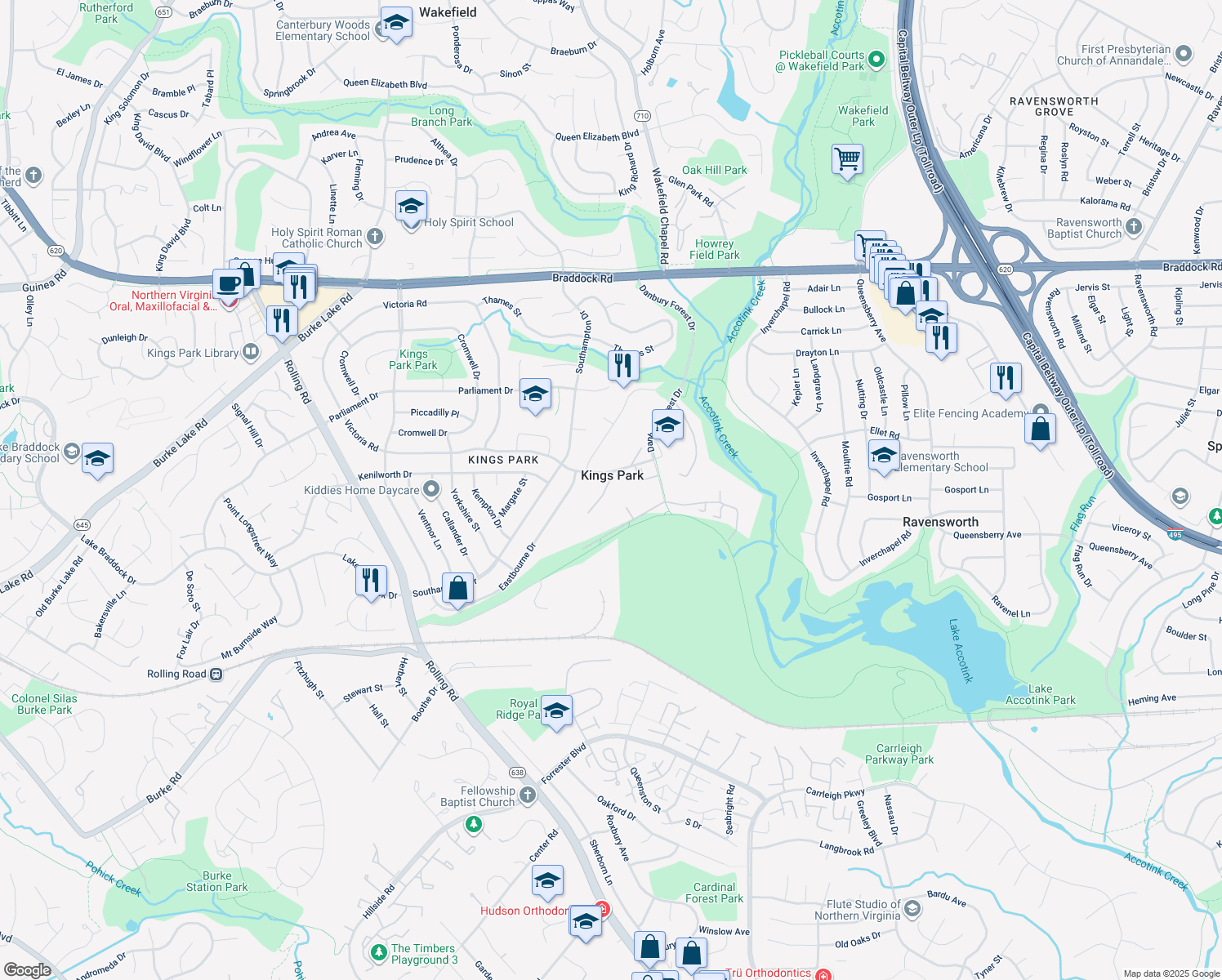 map of restaurants, bars, coffee shops, grocery stores, and more near 5505 Mitcham Court in Springfield