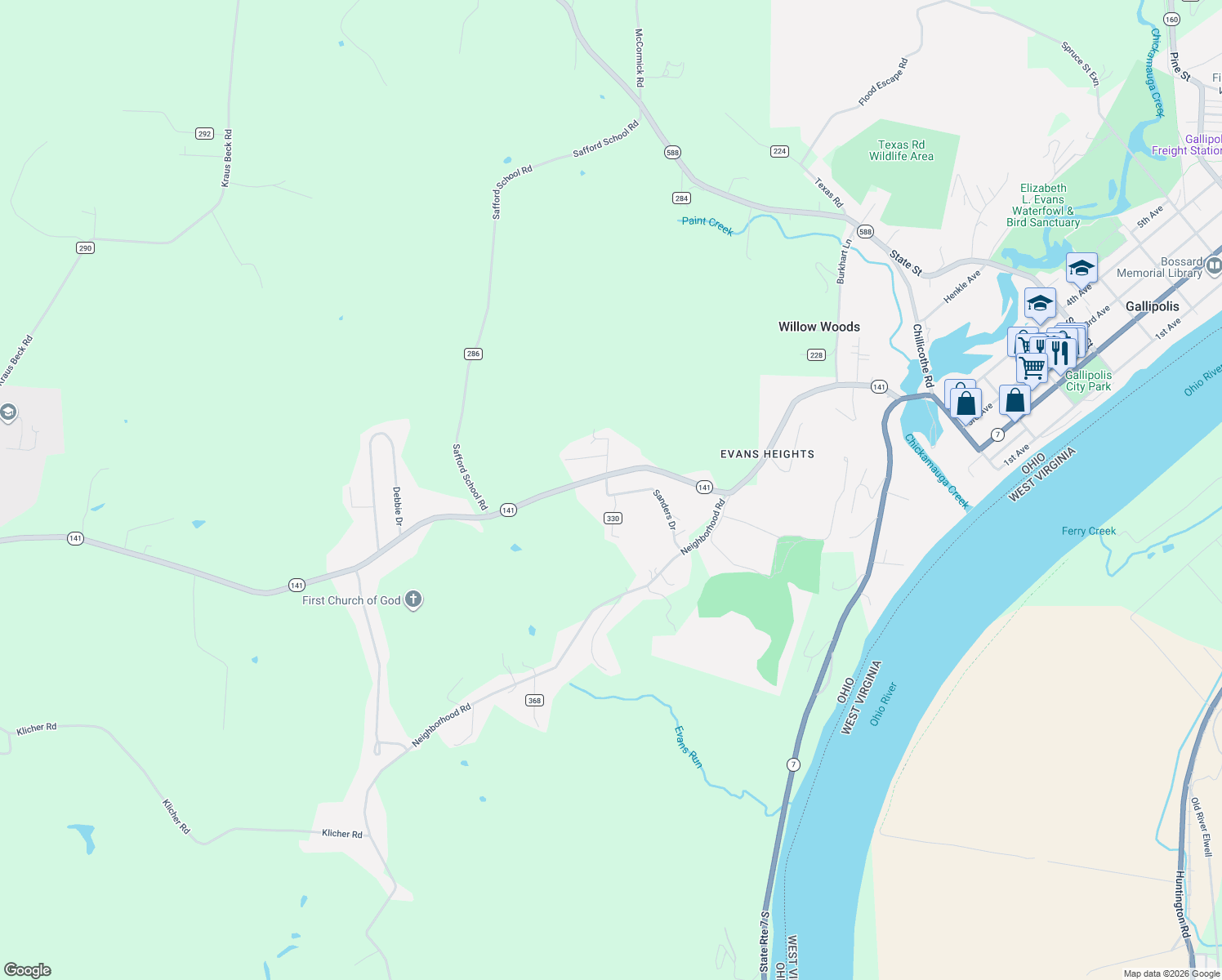 map of restaurants, bars, coffee shops, grocery stores, and more near 350 Township Highway 330 in Gallipolis