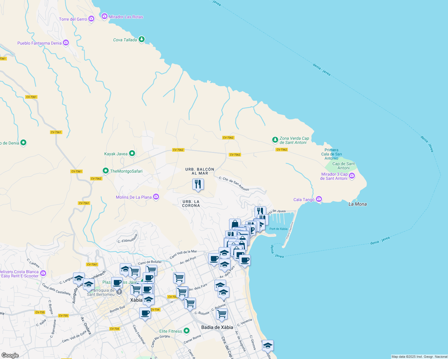 map of restaurants, bars, coffee shops, grocery stores, and more near 105 Calle Cuesta de San Antonio in Jávea