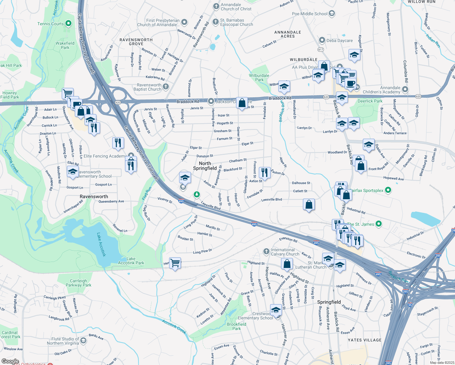 map of restaurants, bars, coffee shops, grocery stores, and more near 7409 Kelvin Pl in Springfield