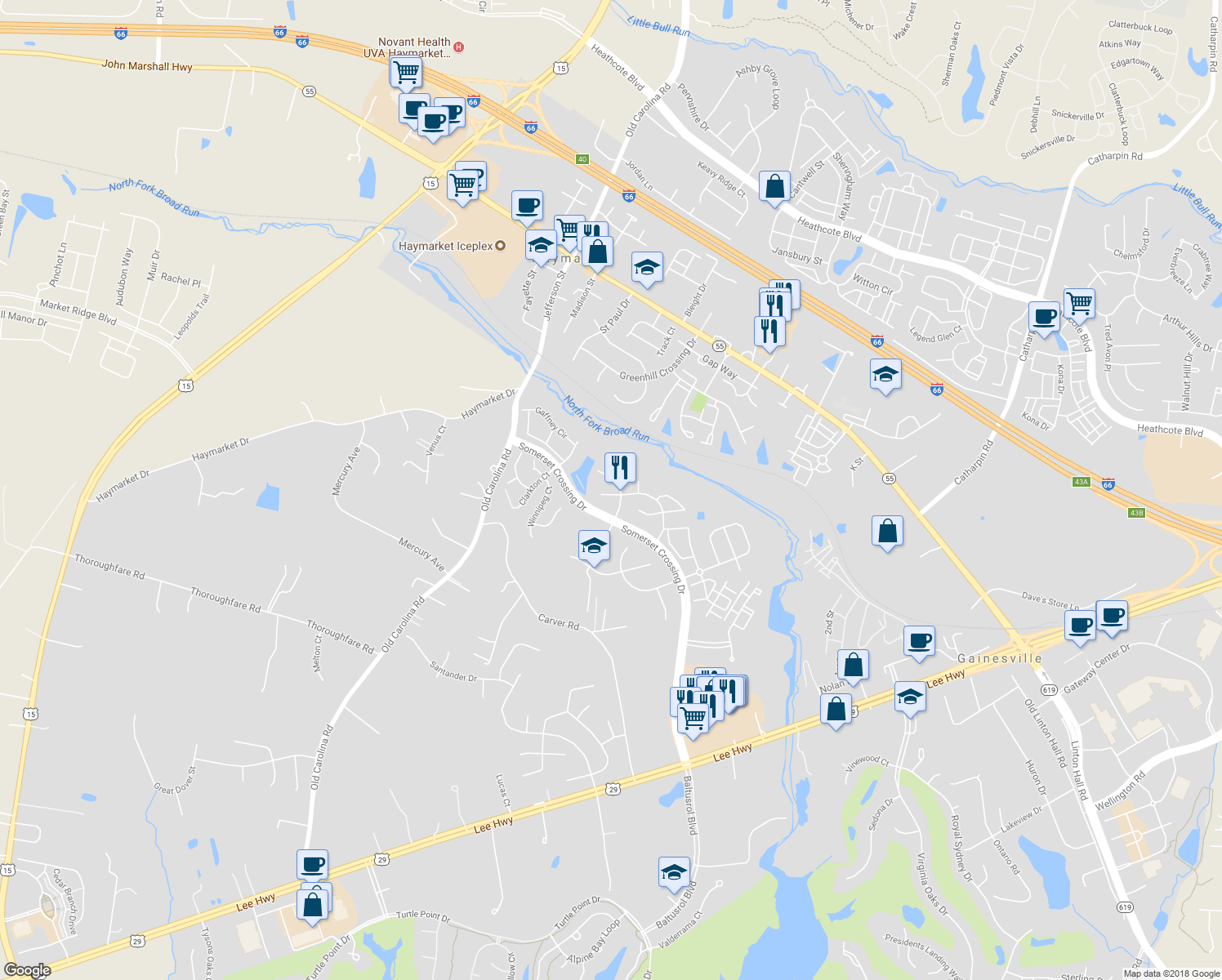 map of restaurants, bars, coffee shops, grocery stores, and more near 10604 Busick Court in Gainesville
