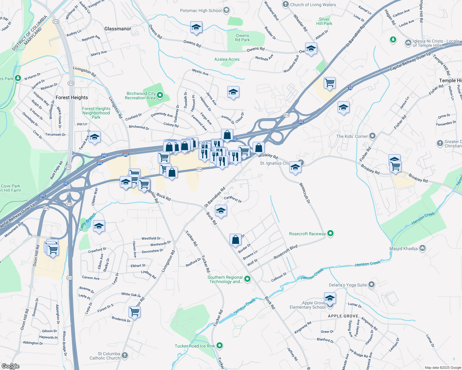 map of restaurants, bars, coffee shops, grocery stores, and more near 6311 Bentham Court in Fort Washington