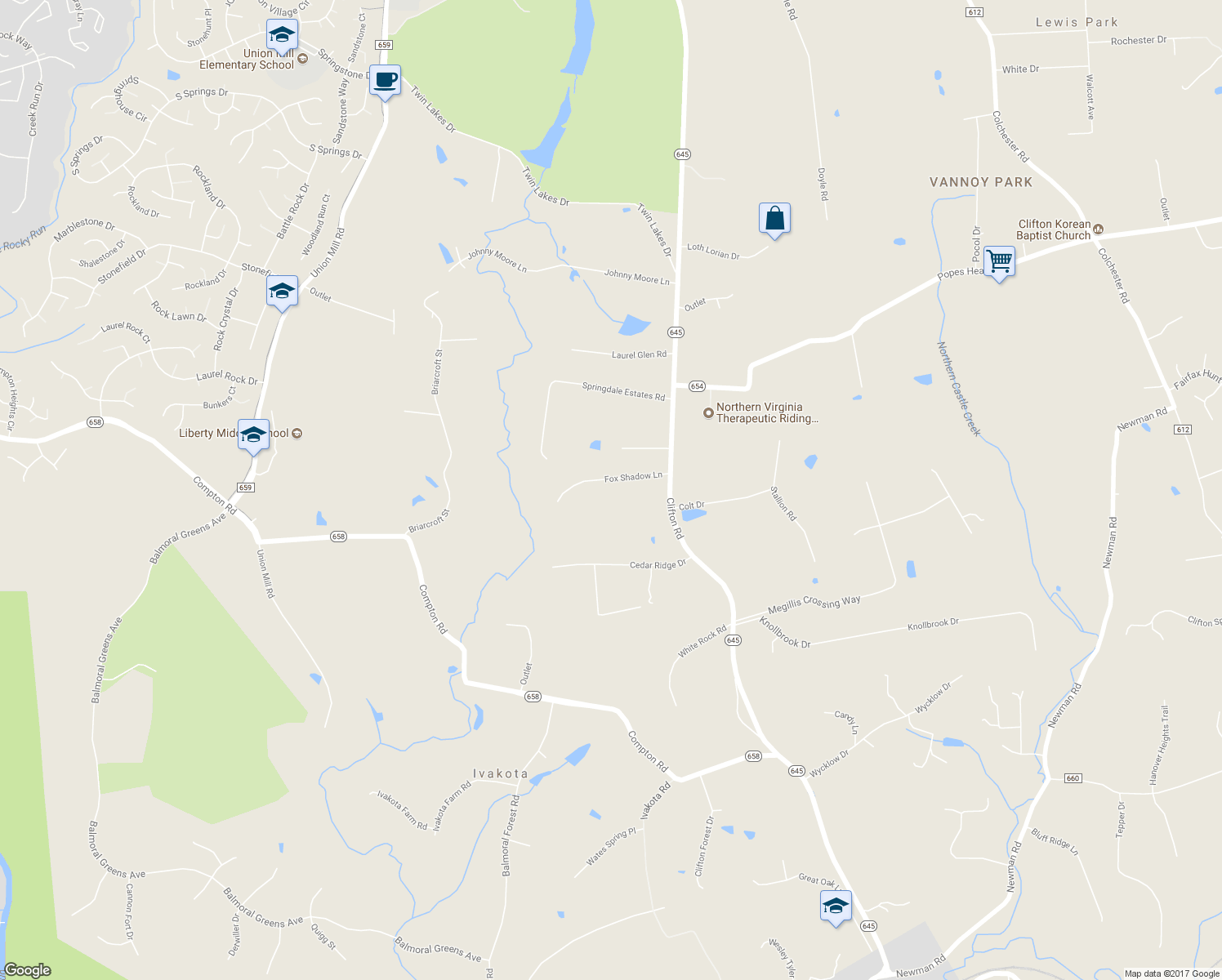 map of restaurants, bars, coffee shops, grocery stores, and more near 13109 Fox Shadow Lane in Clifton