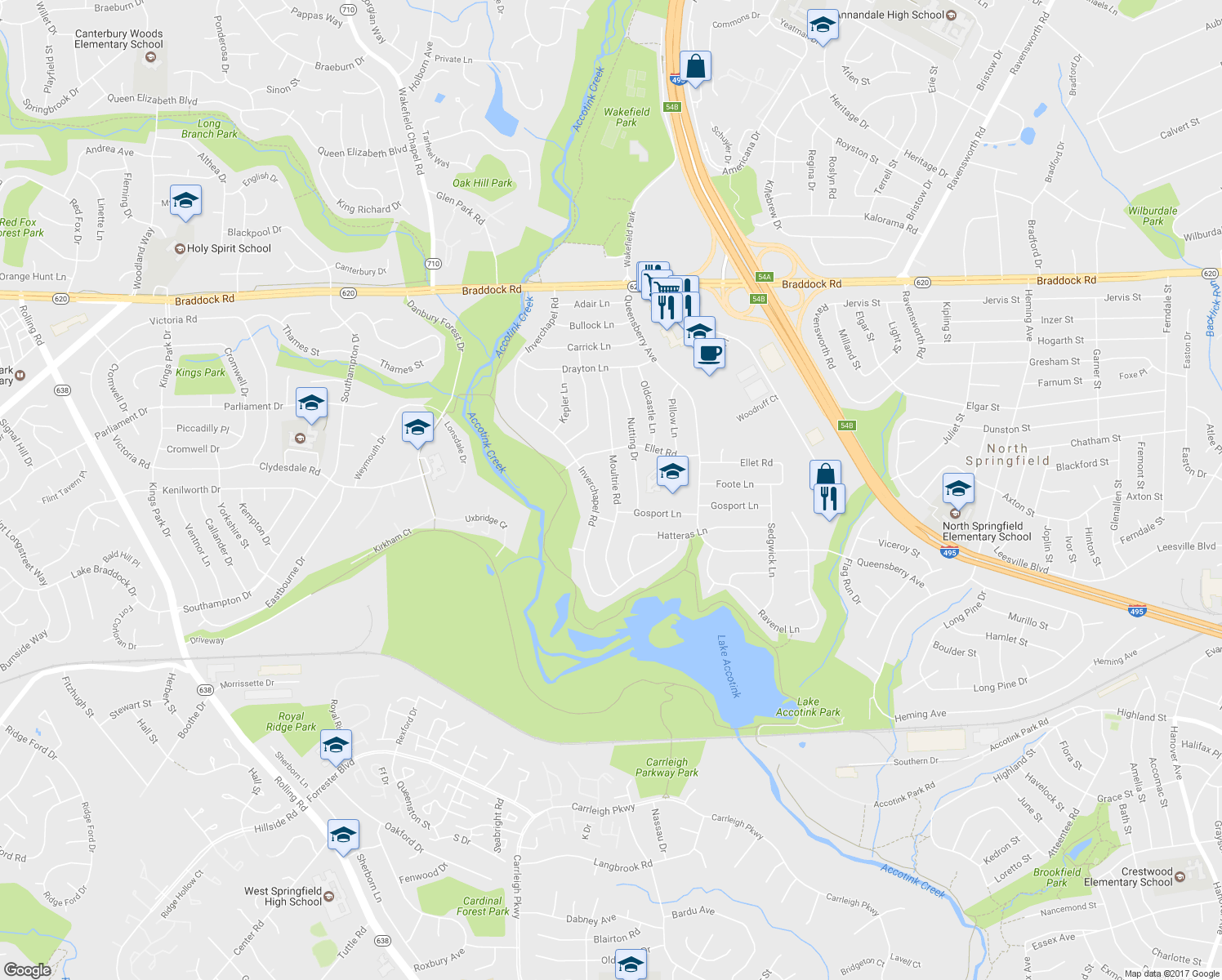 map of restaurants, bars, coffee shops, grocery stores, and more near 5413 Moultrie Road in Springfield
