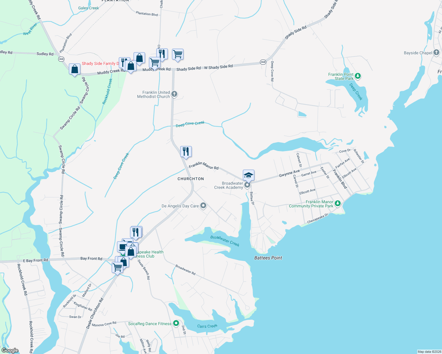 map of restaurants, bars, coffee shops, grocery stores, and more near 967 Franklin Manor Road in Deale
