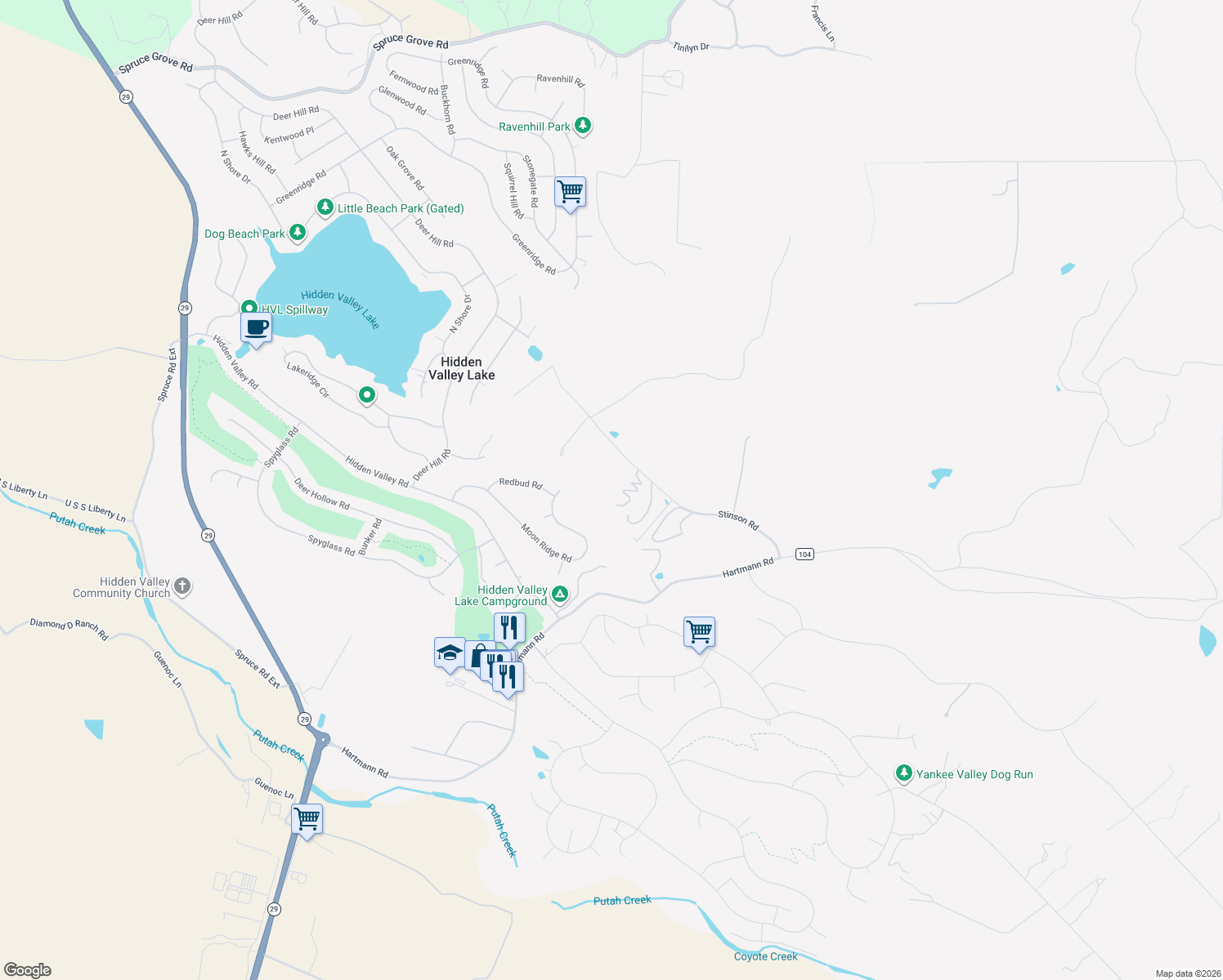 map of restaurants, bars, coffee shops, grocery stores, and more near 19425 Stinson Road in Hidden Valley Lake