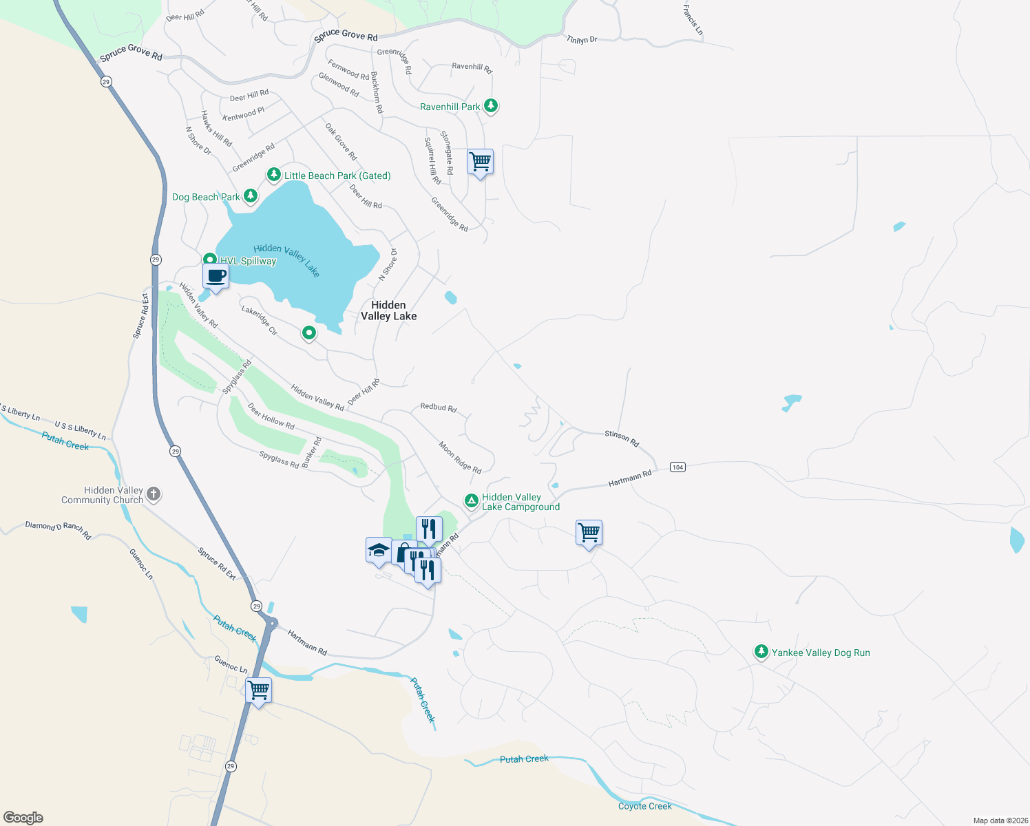 map of restaurants, bars, coffee shops, grocery stores, and more near 19425 Stinson Road in Hidden Valley Lake