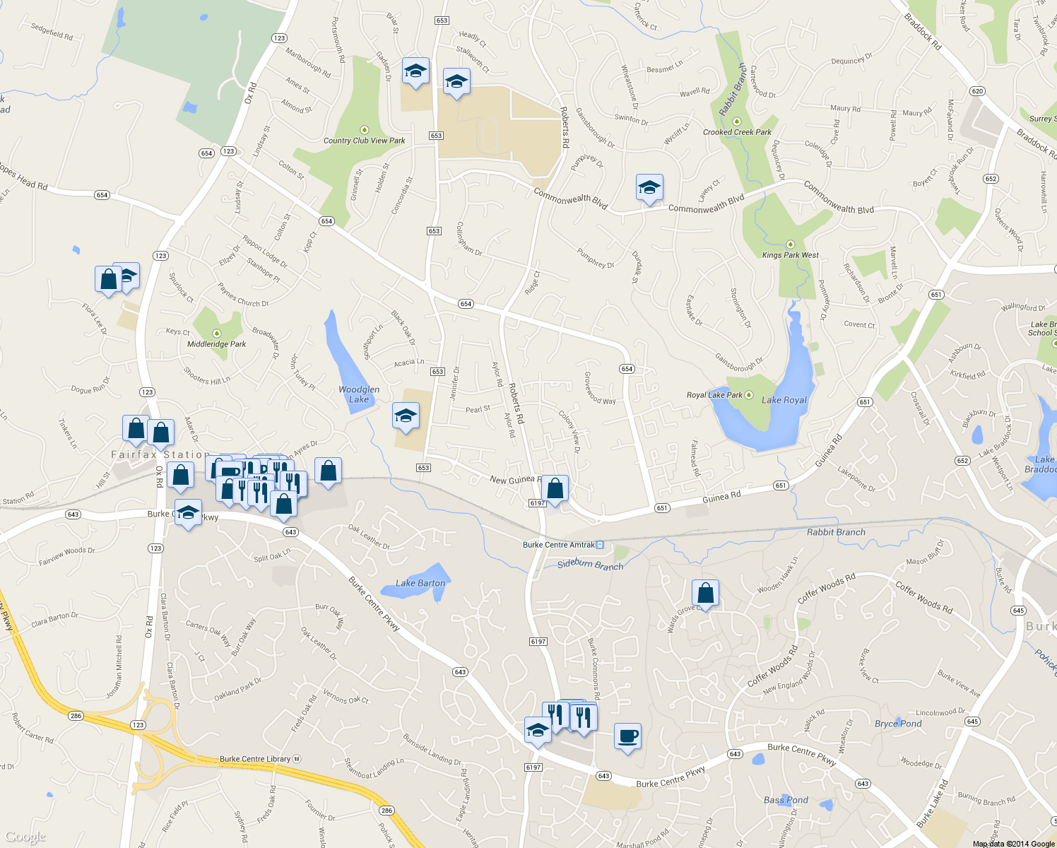 map of restaurants, bars, coffee shops, grocery stores, and more near 5440 New London Park Drive in Fairfax