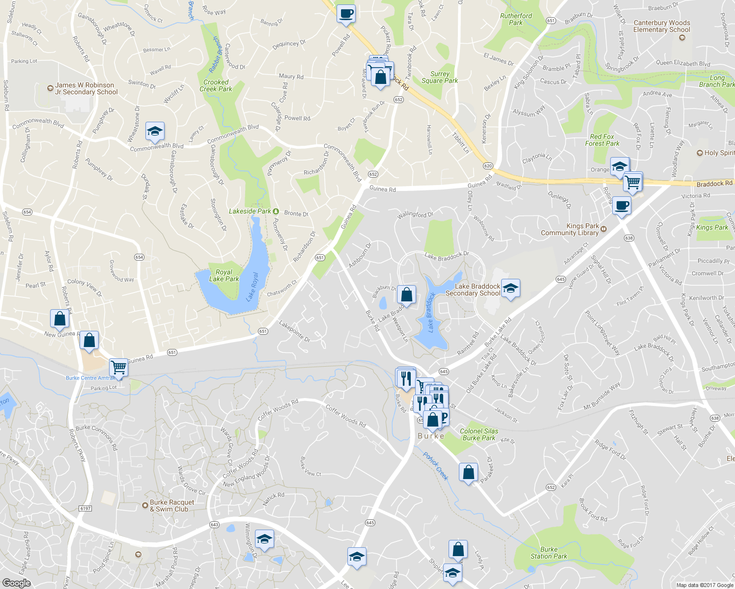 map of restaurants, bars, coffee shops, grocery stores, and more near 9603 Glenarm Court in Burke